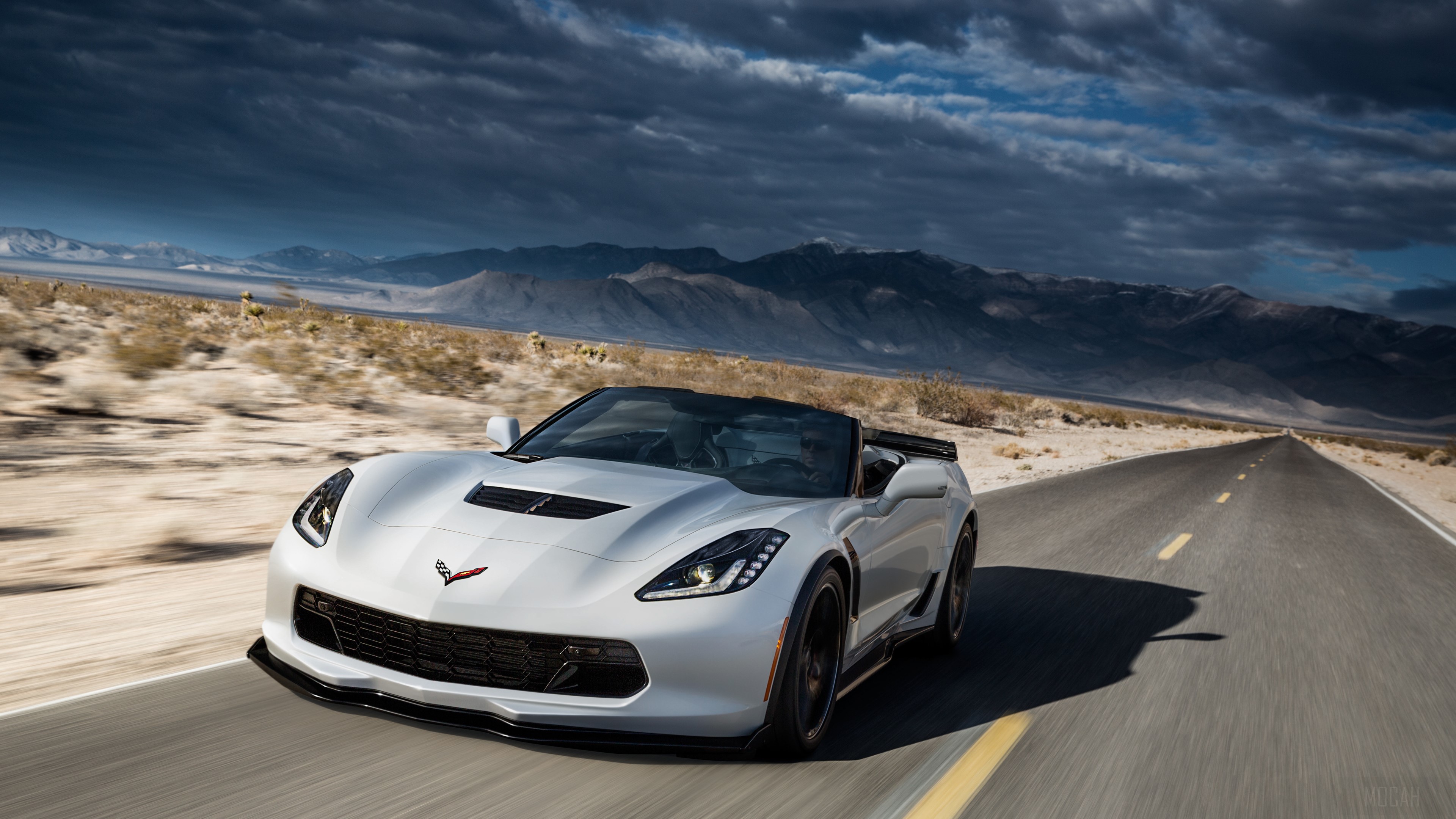 White Chevrolet Corvette Convertible Driving on Desert Road HD Wallpaper