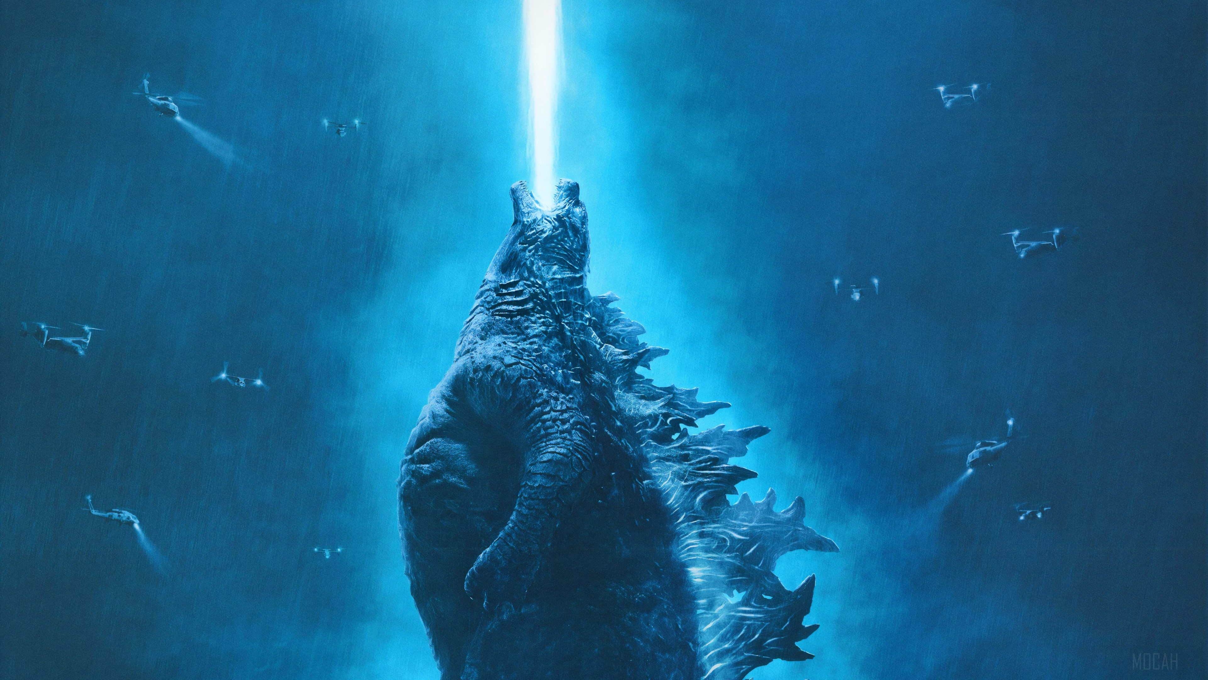 Godzilla firing atomic breath surrounded by drones HD Wallpaper