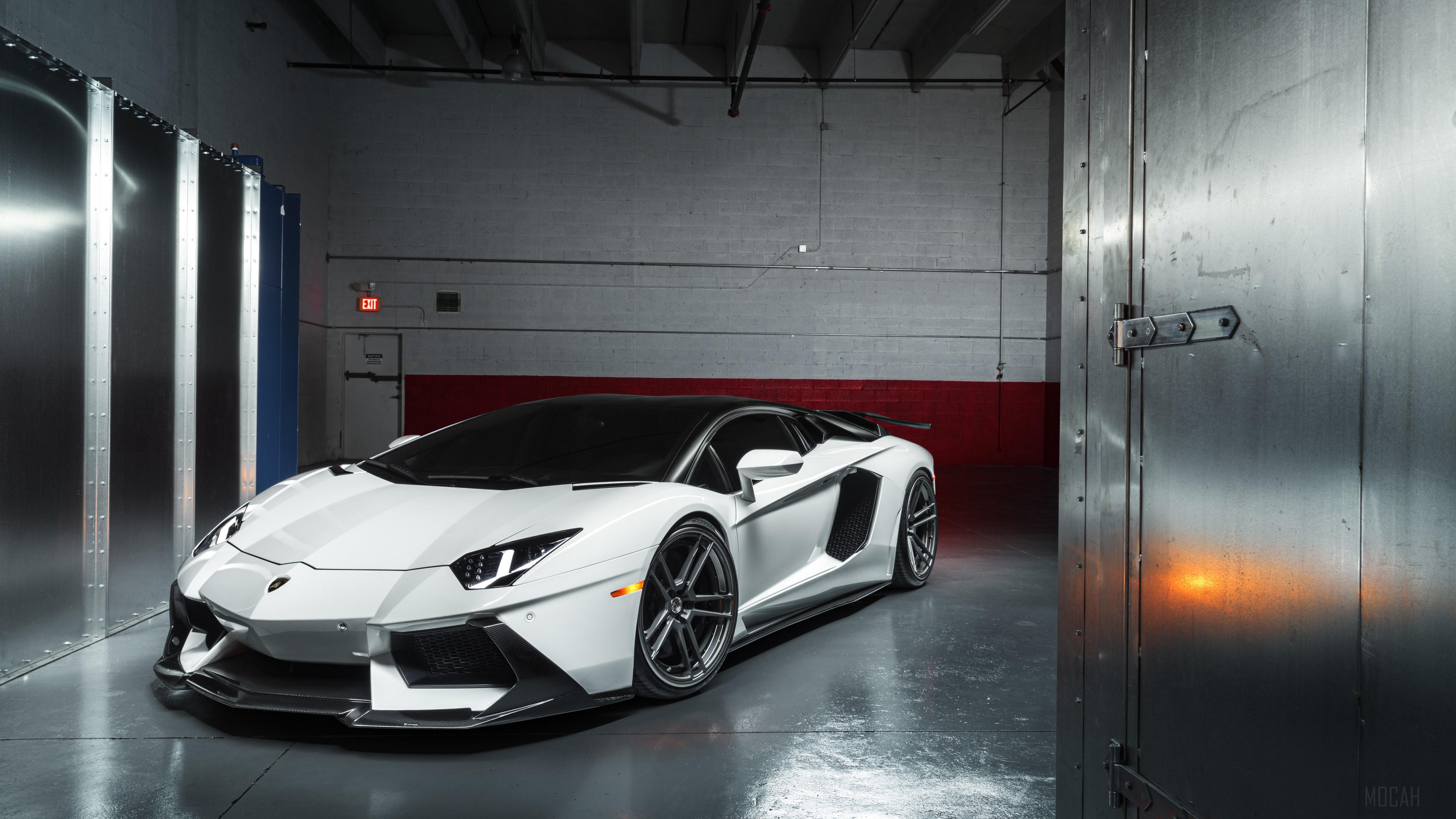 White Lamborghini Aventador in a garage 4K HD Wallpaper