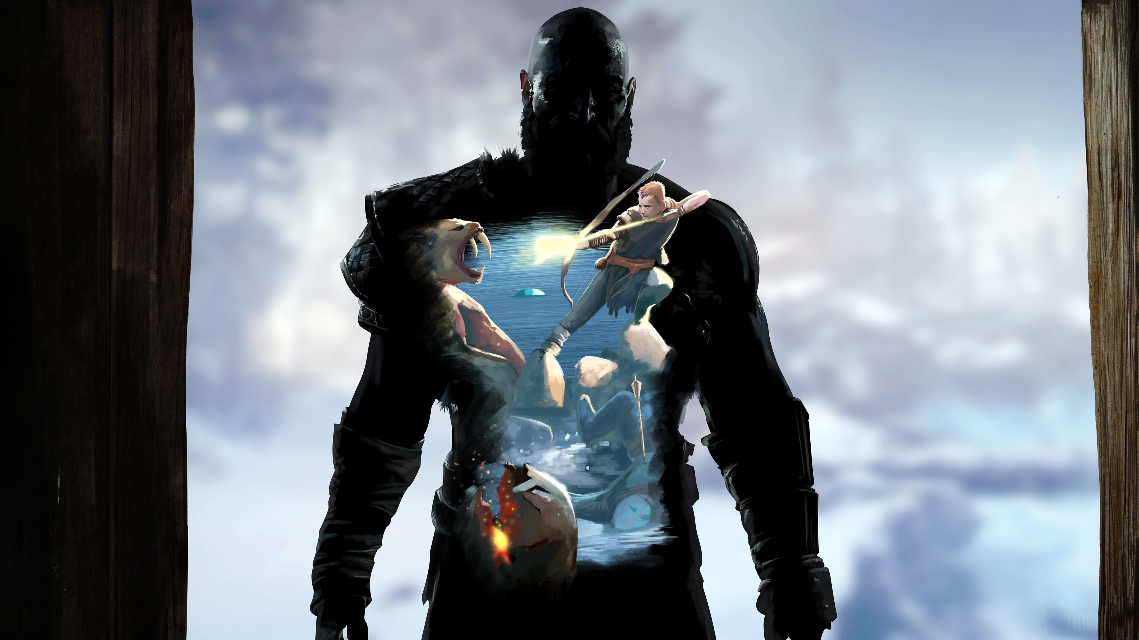 Kratos with inner scenes from God of War 4K HD Wallpaper