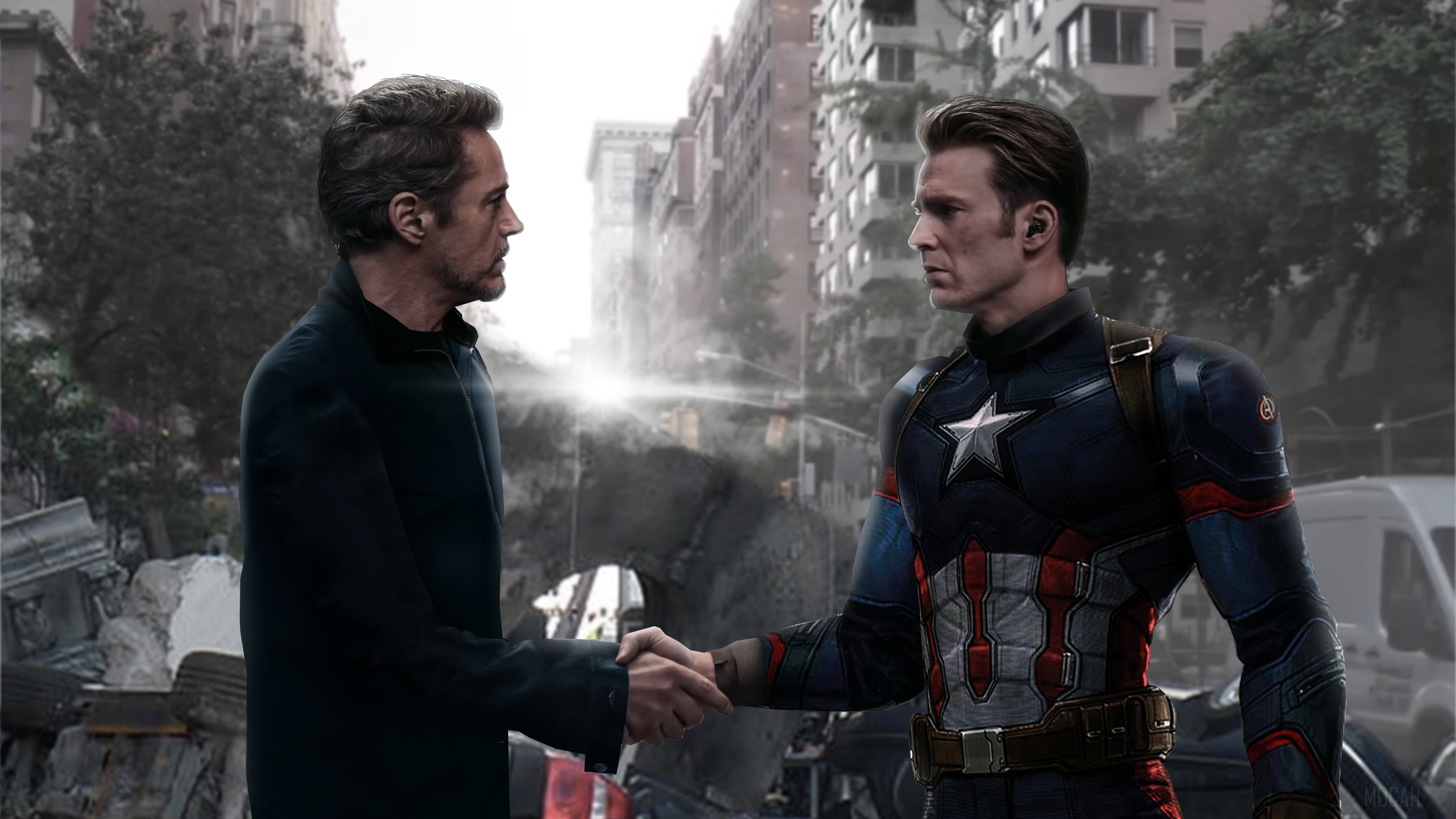 Tony Stark and Captain America shake hands in 4K HD Wallpaper