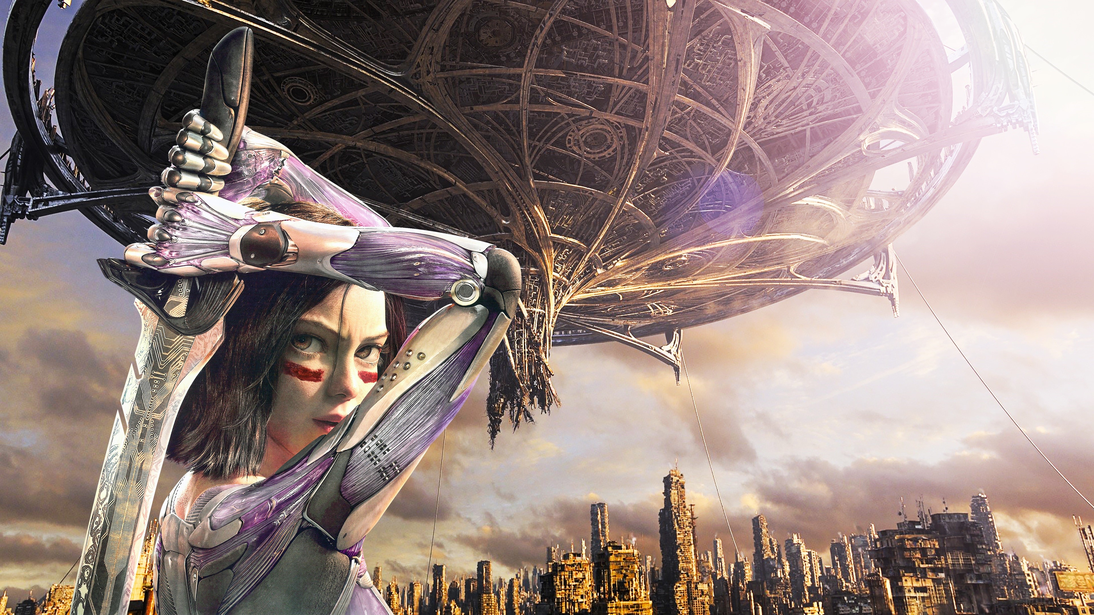 Alita Battle Angel Fanart 4K with Futuristic Cityscape HD Wallpaper
