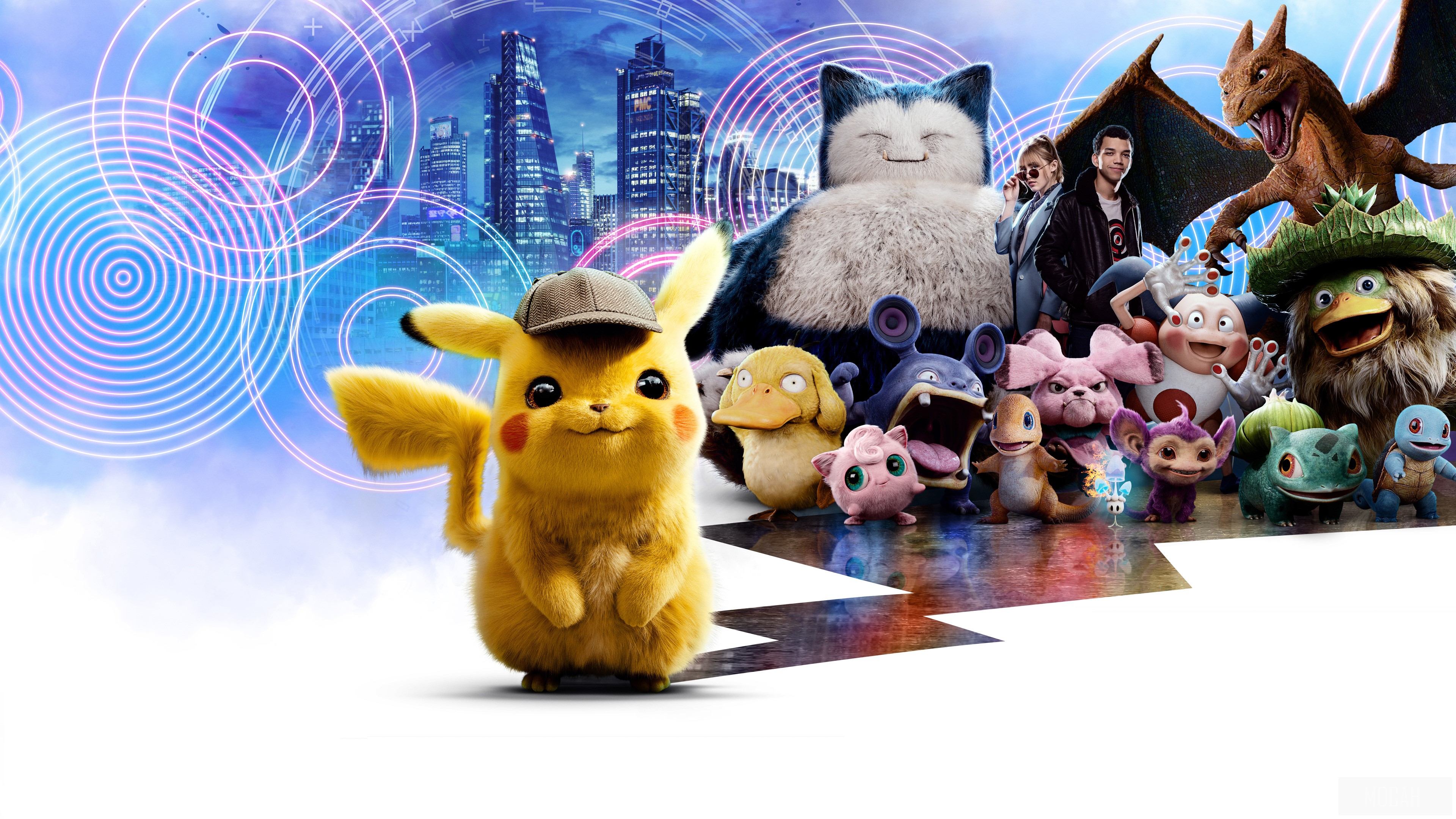Detective Pikachu and Pokémon from Detective Pikachu 4K HD Wallpaper