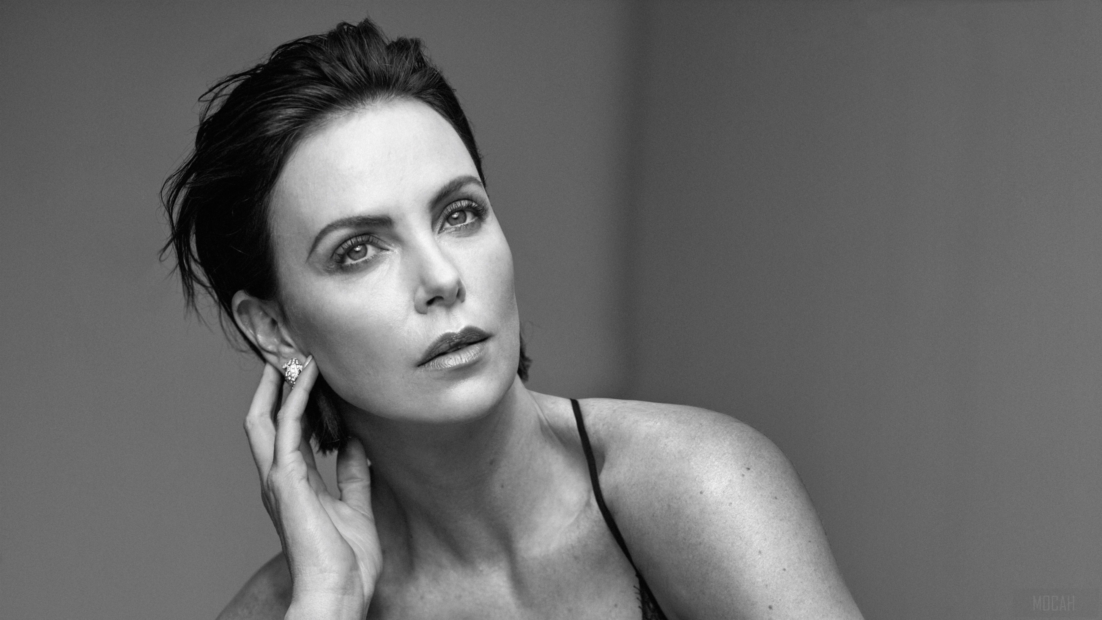 Charlize Theron Elegant Black and White Portrait 4K HD Wallpaper