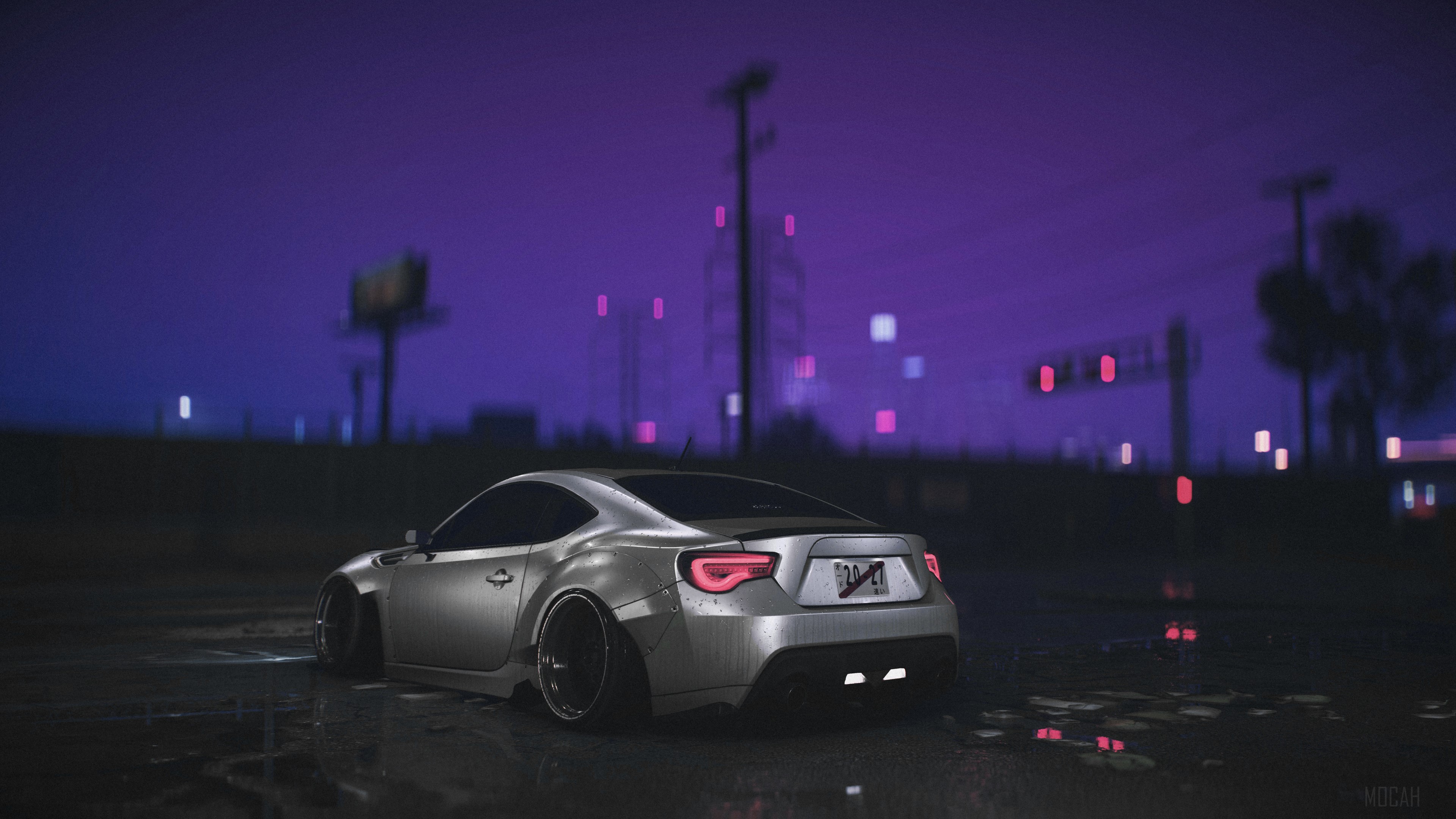 Silver sports car on a wet road at night HD Wallpaper