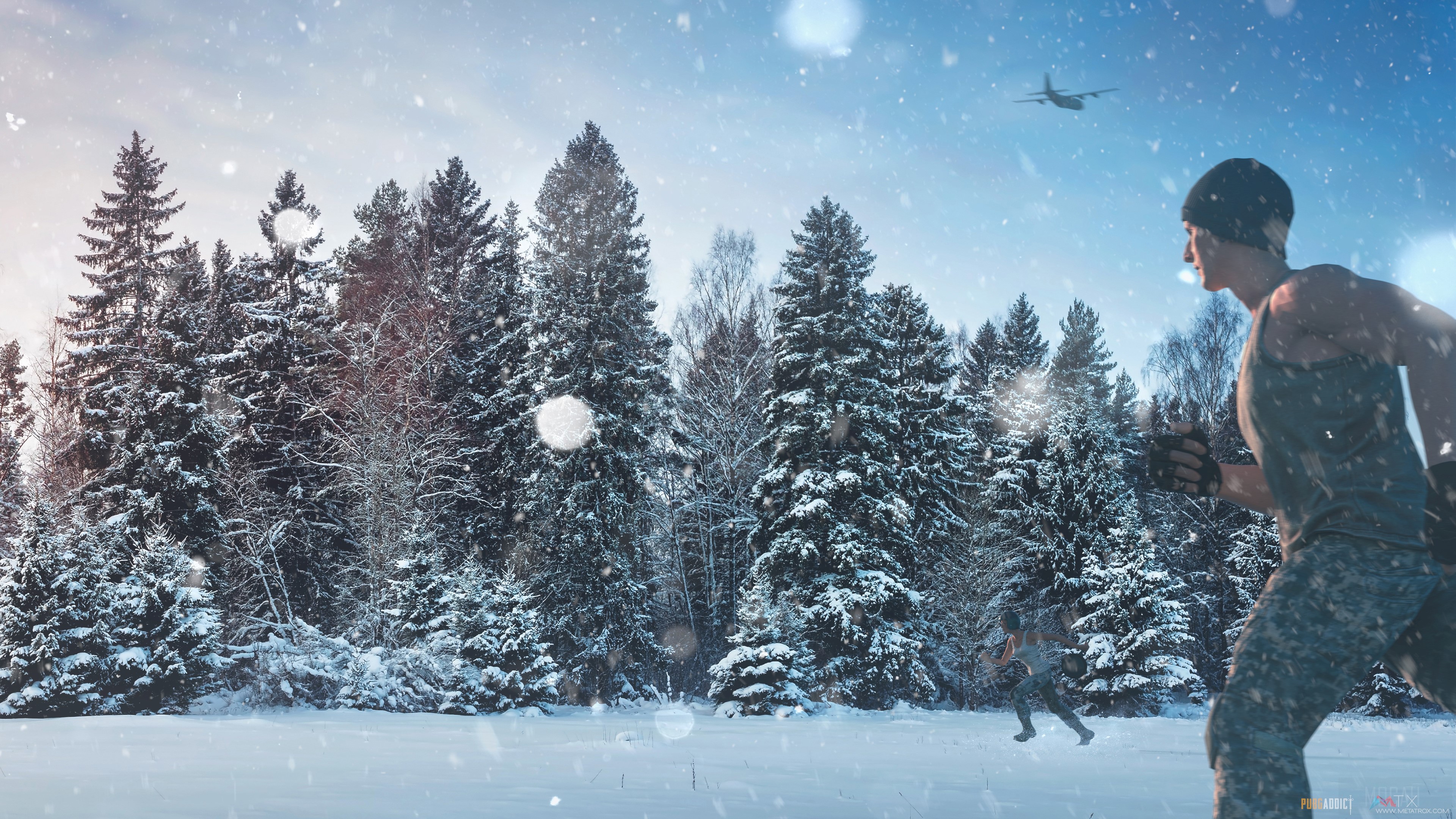 Soldiers running in a snowy forest with a plane overhead HD Wallpaper