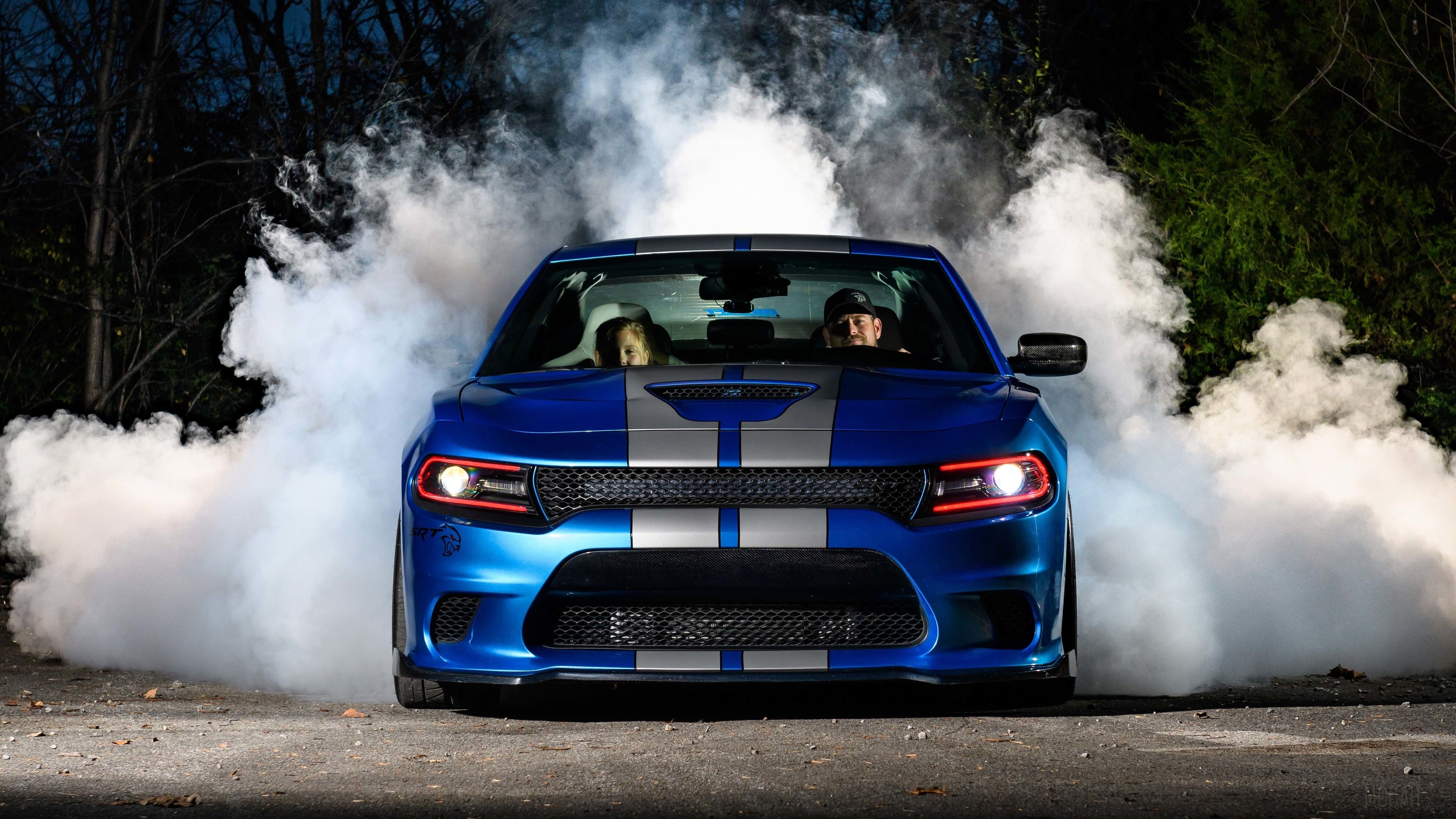 Blue Dodge Charger Hellcat Burnout 4K HD Wallpaper