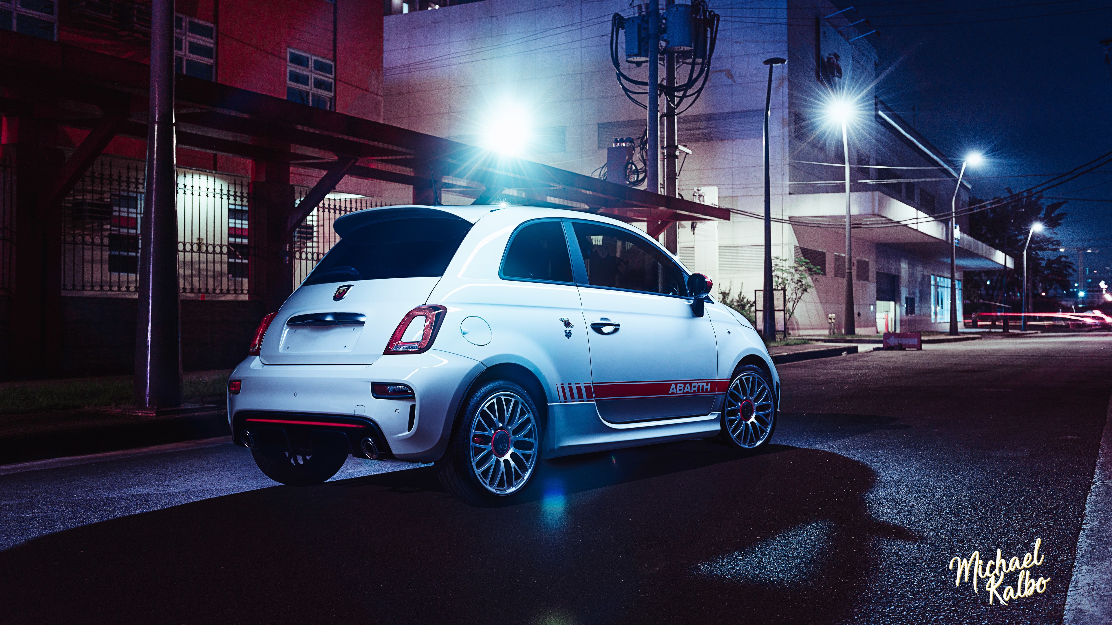White Fiat 500 Abarth Rear View at Night HD Wallpaper
