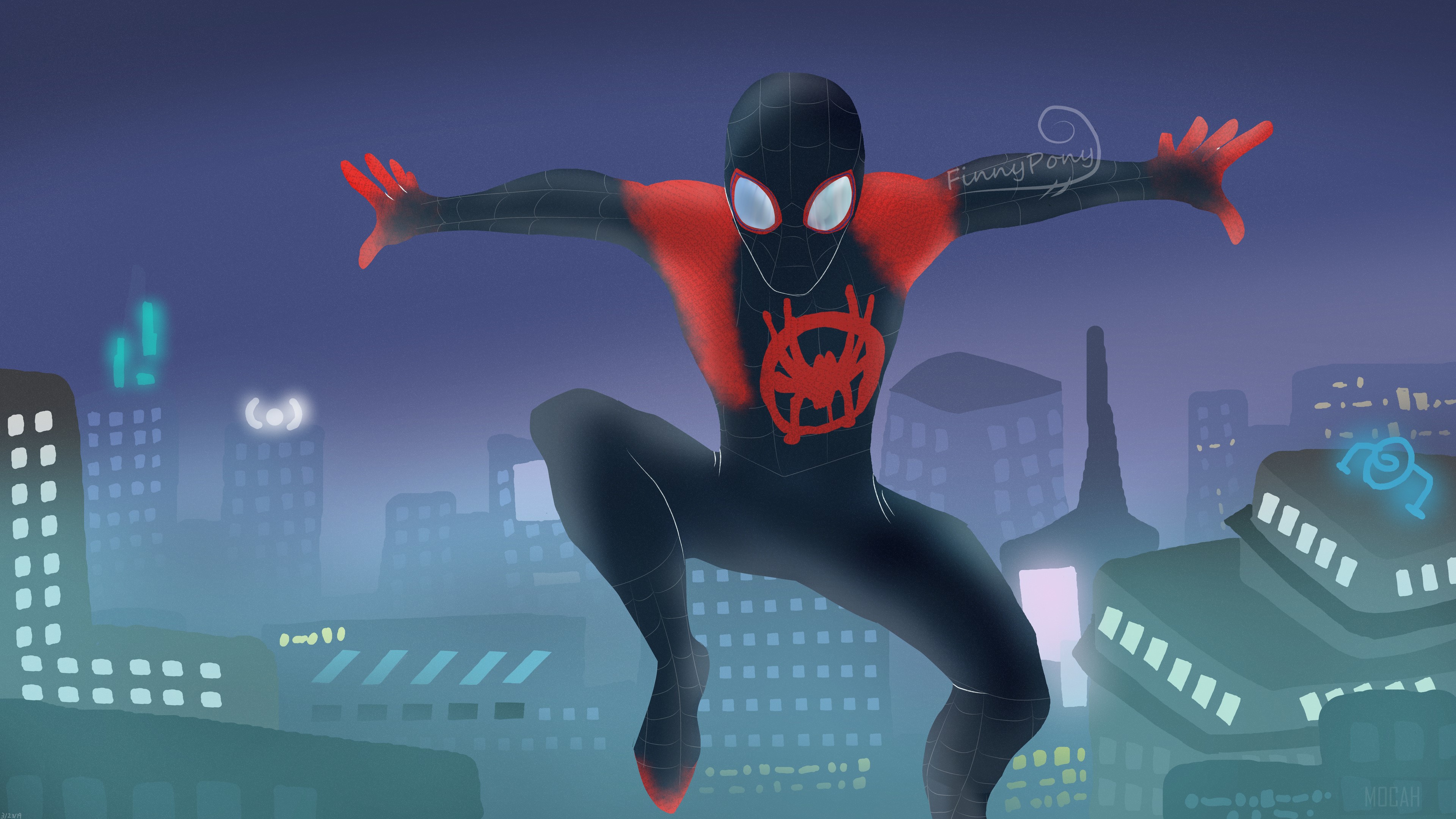 Spider-Man Miles Morales in a City at Night 4K HD Wallpaper