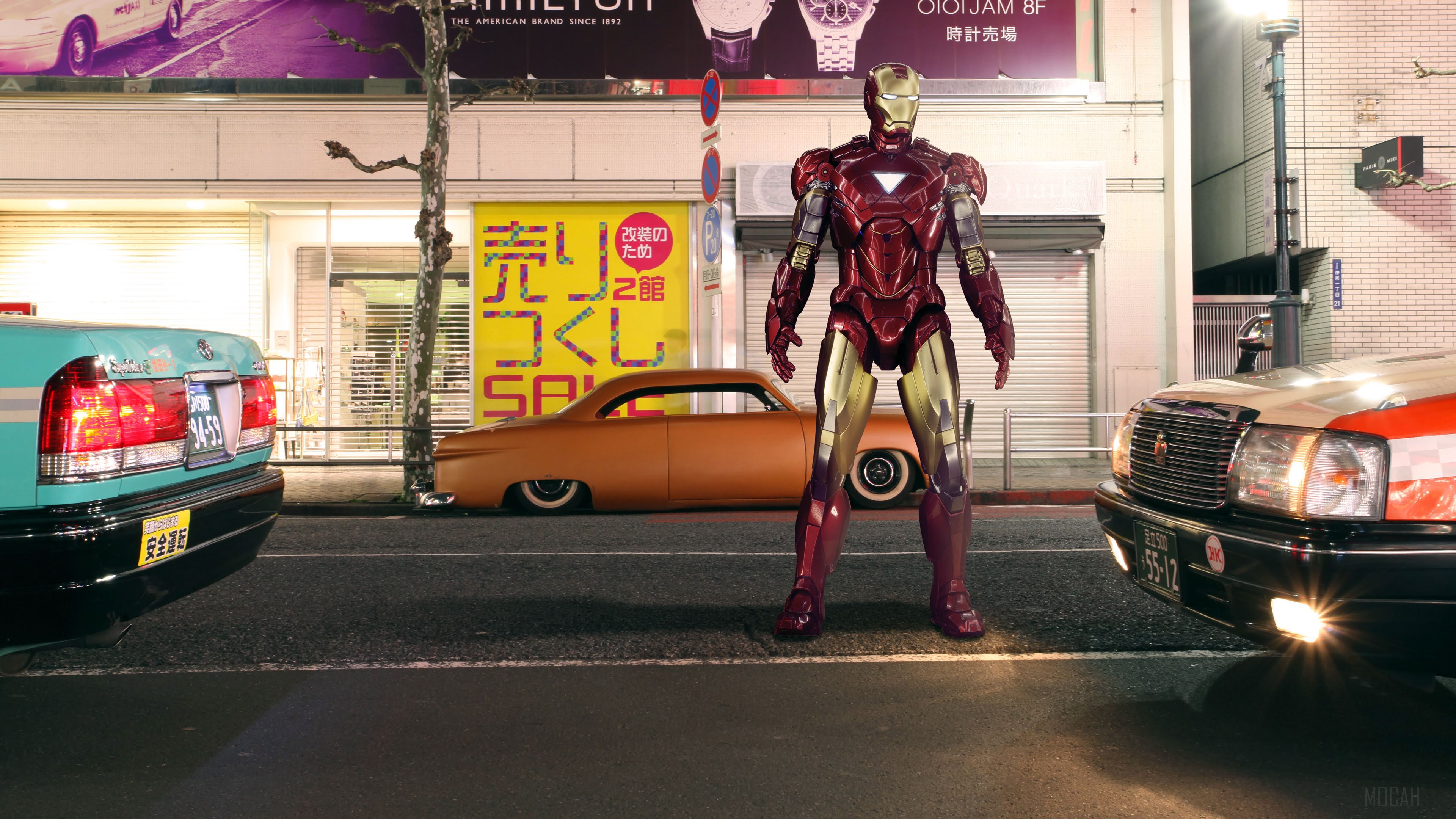 Iron Man standing on a street in Japan 4K HD Wallpaper