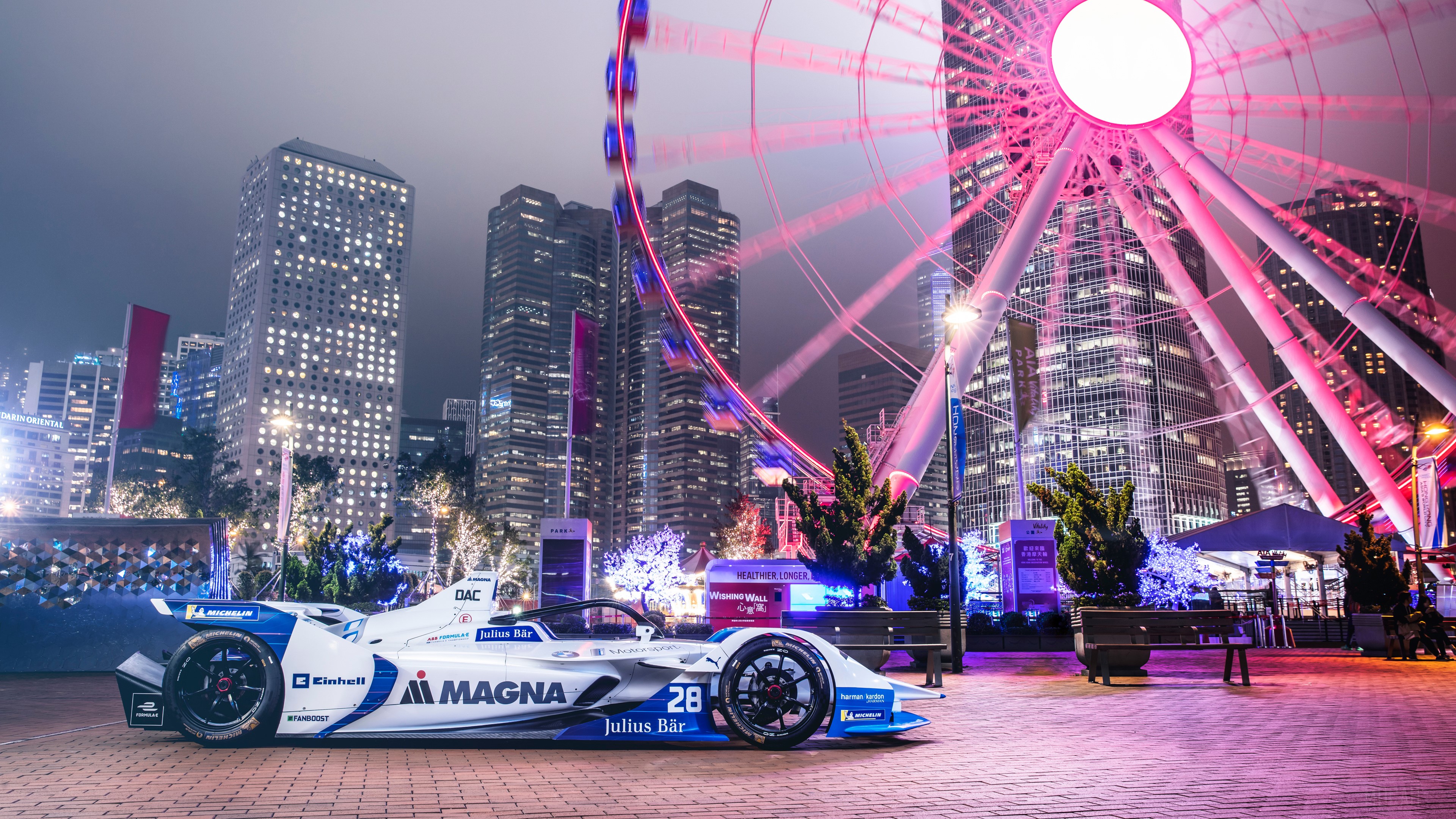 Formula E race car in Hong Kong with Ferris wheel HD Wallpaper