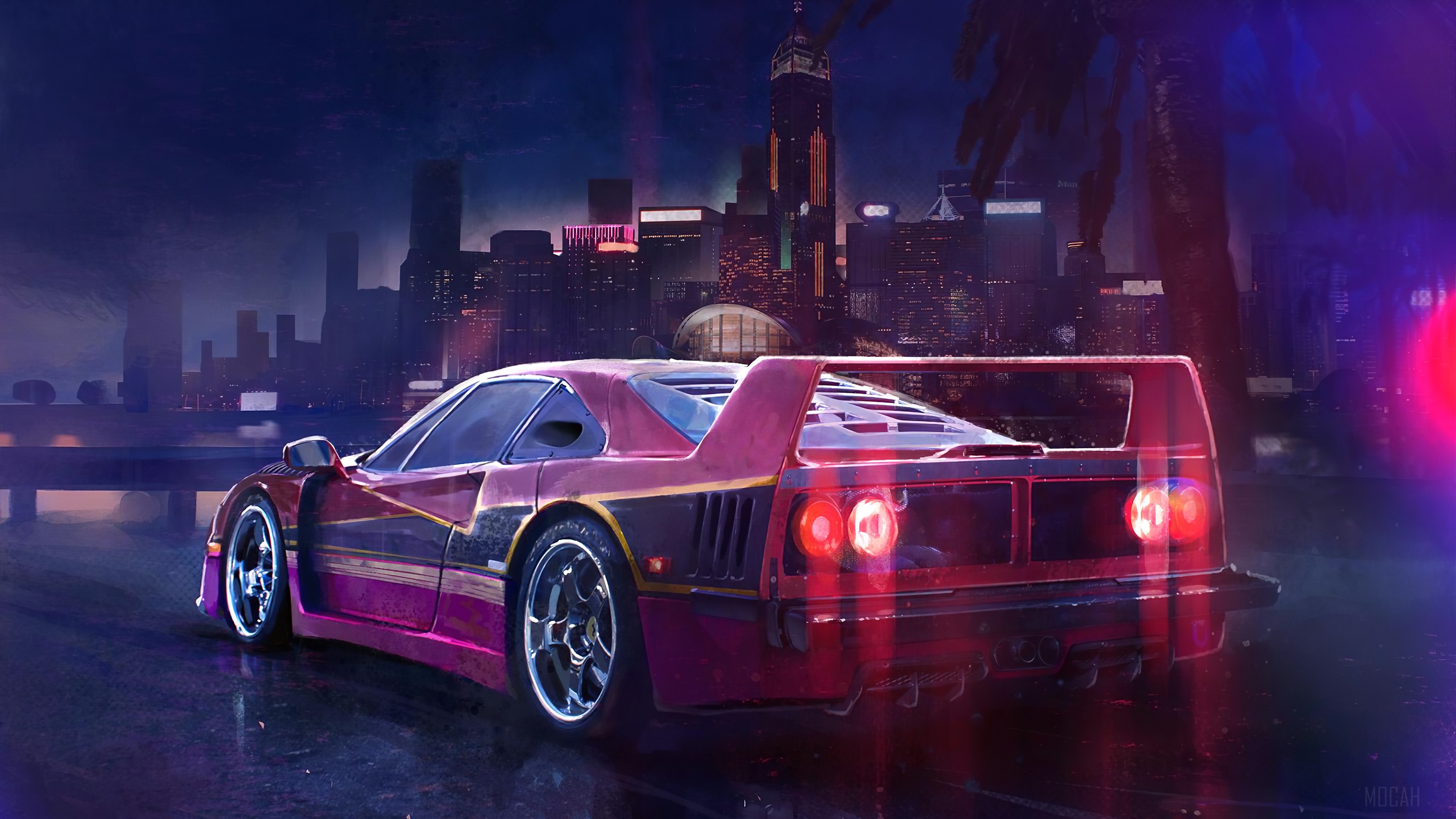 Red sports car in a neon city at night HD Wallpaper
