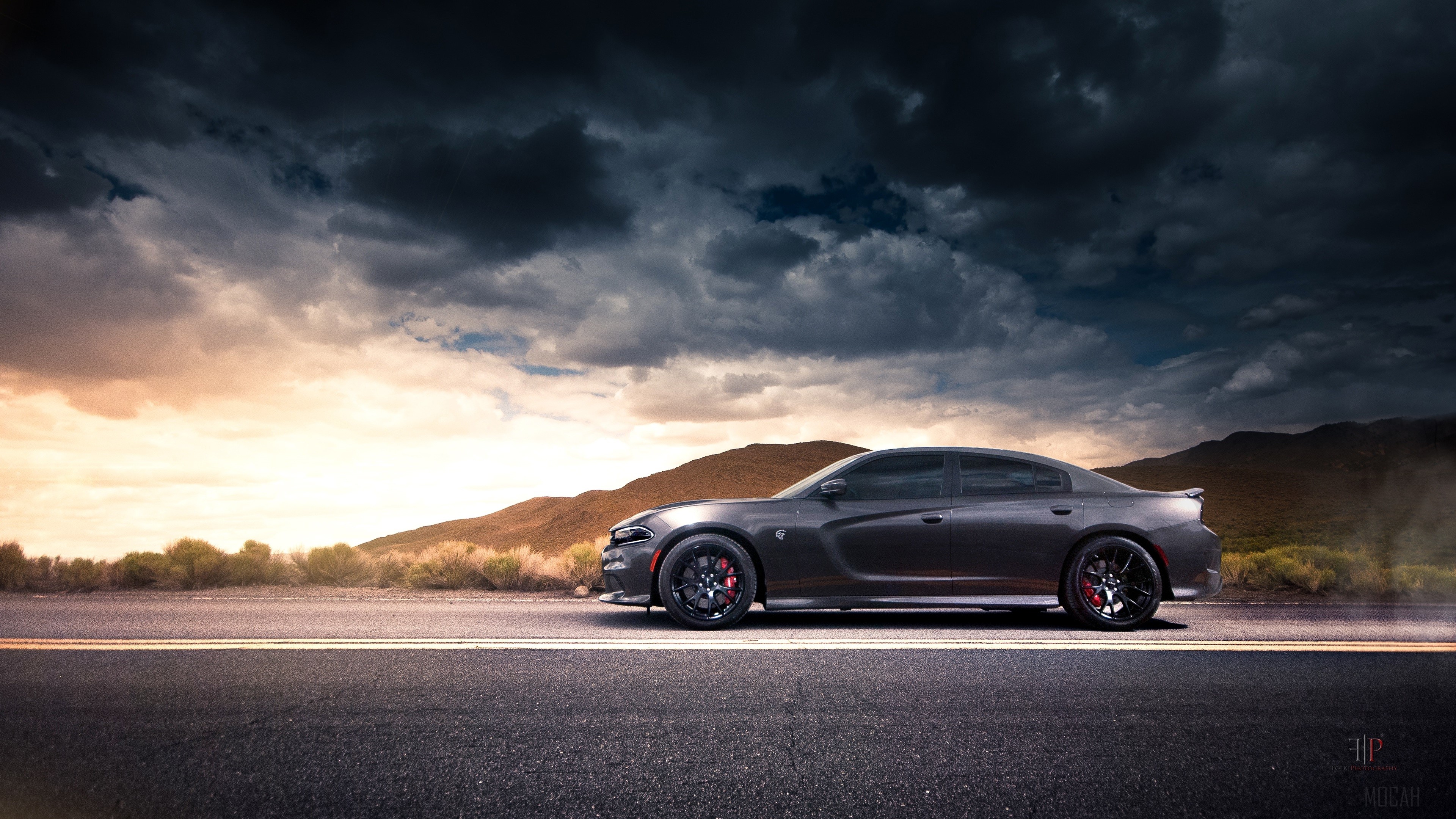 Dark Dodge Charger on a Desert Road HD Wallpaper