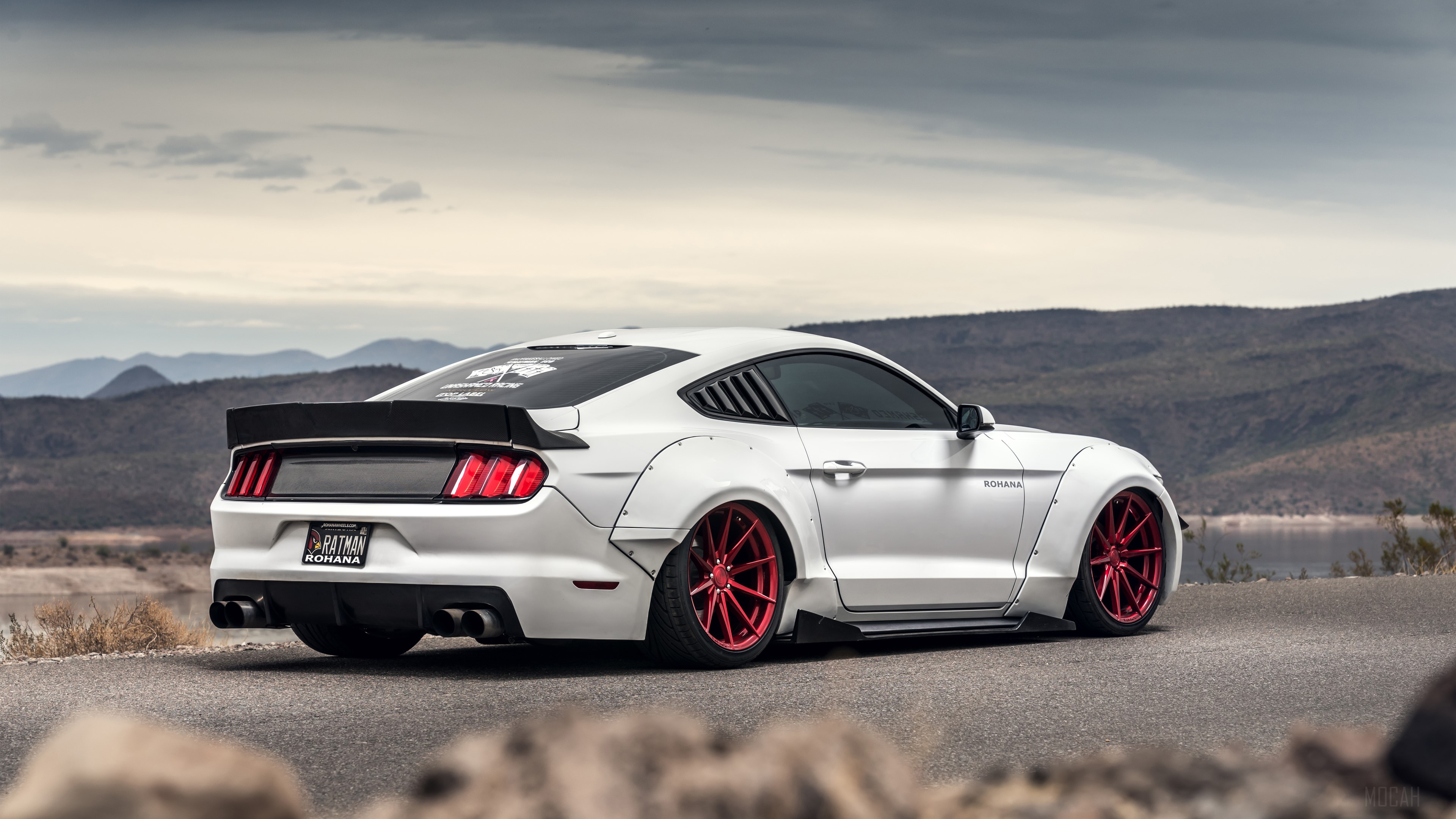 White Ford Mustang GT with widebody kit and red wheels HD Wallpaper