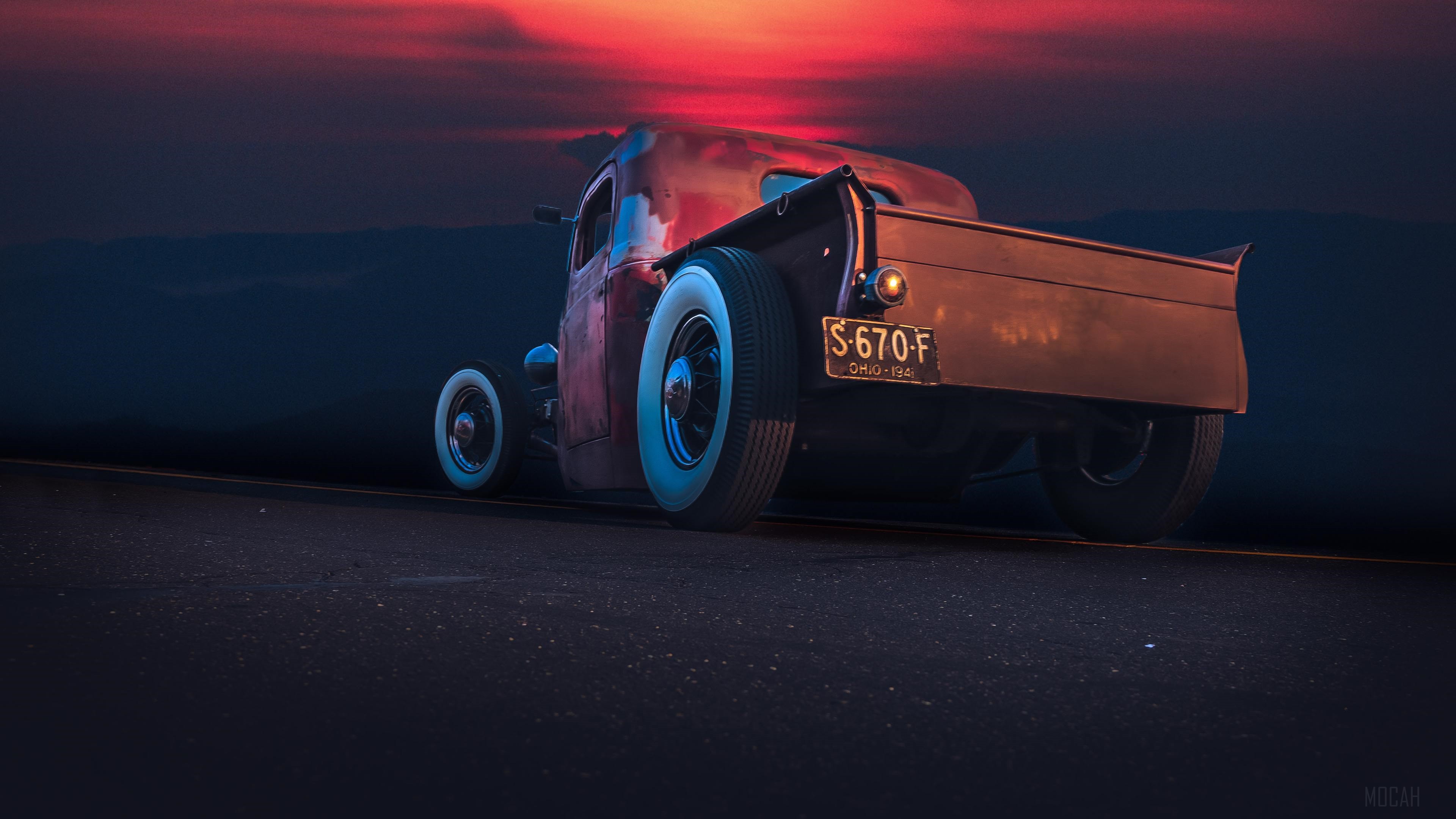 Rat Rod Truck on Road at Sunset HD Wallpaper