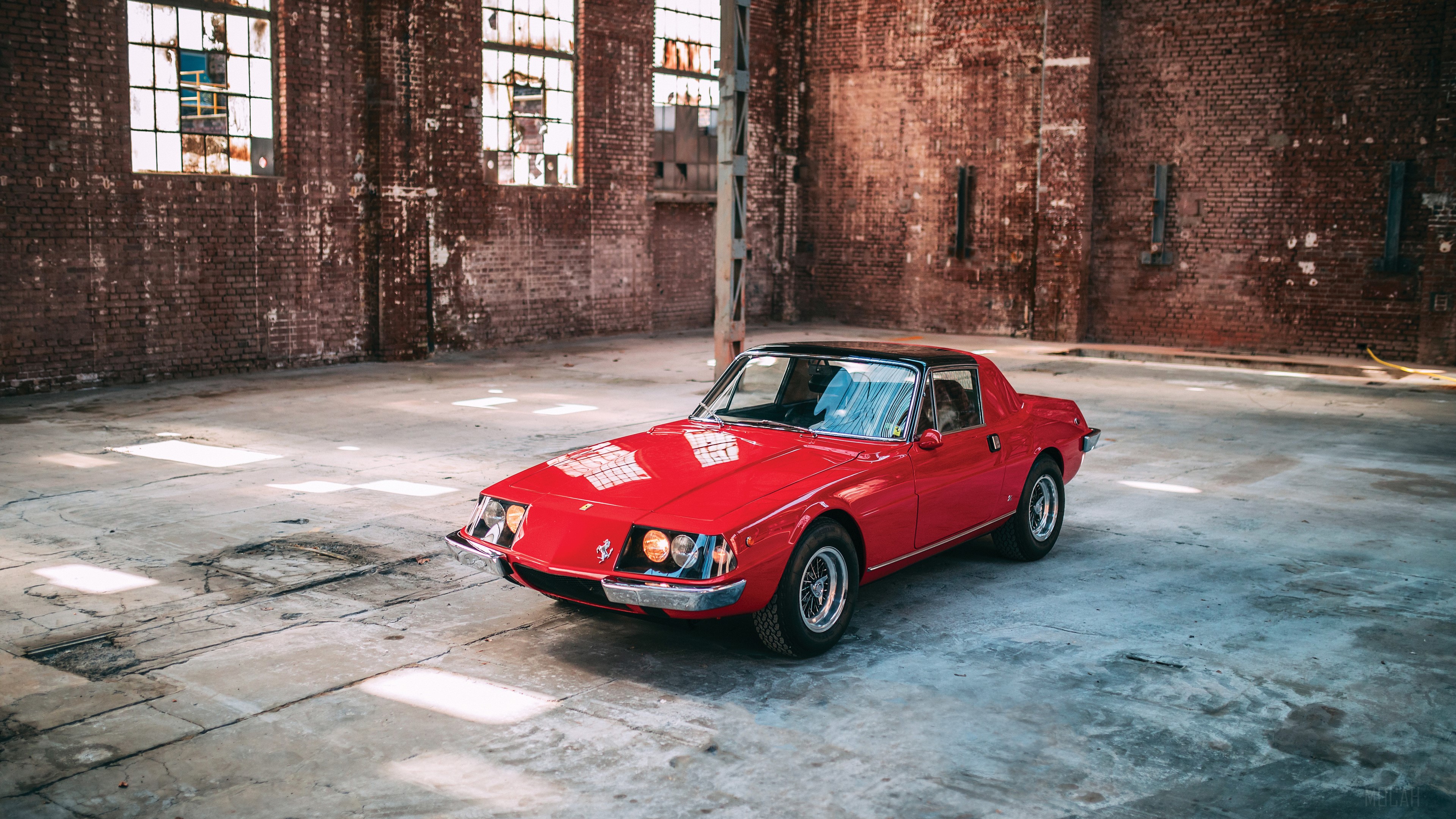 Red Ferrari 3000 Convertible in warehouse 4K HD Wallpaper