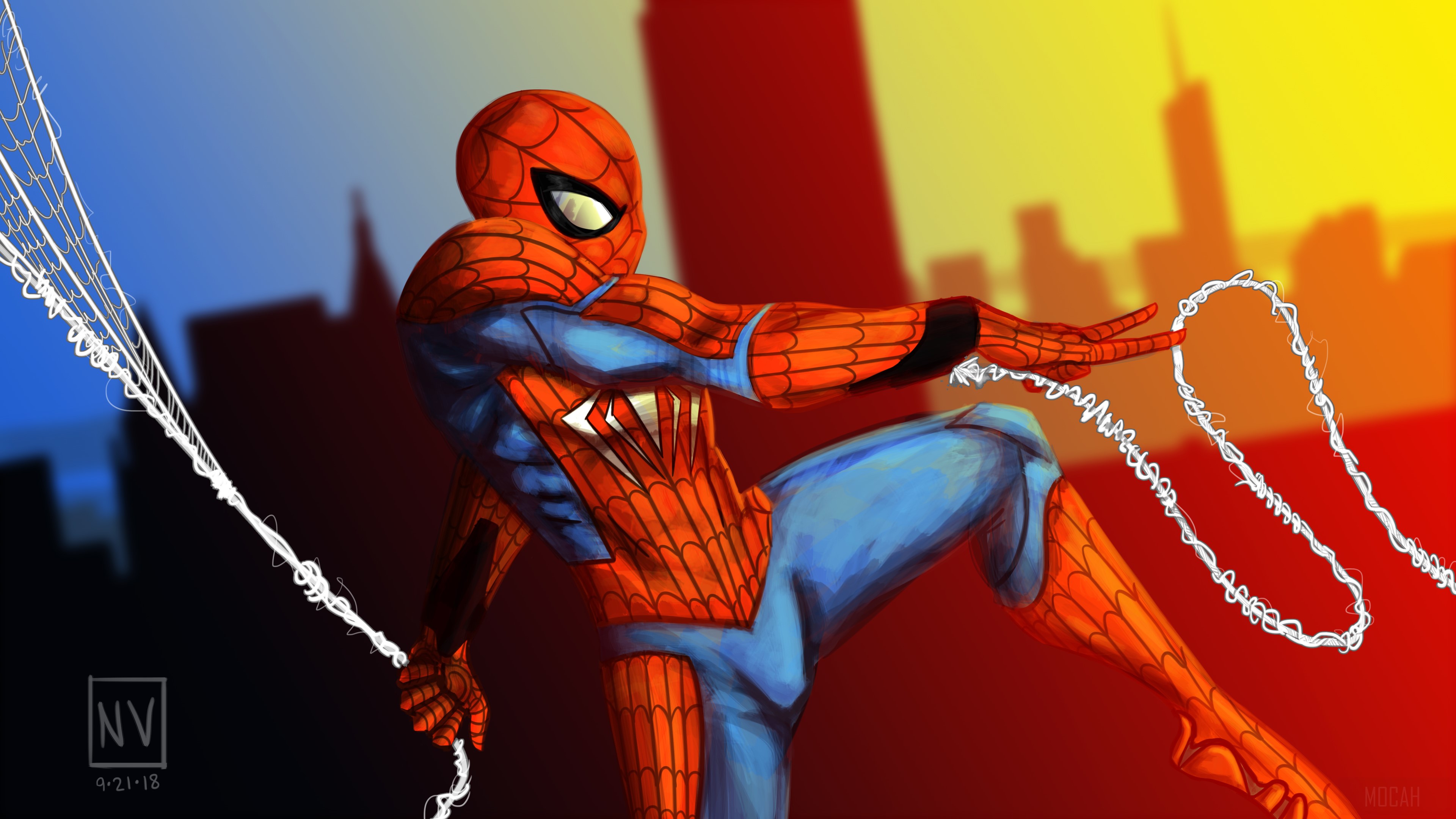 Spiderman swinging with webs in city 4K HD Wallpaper