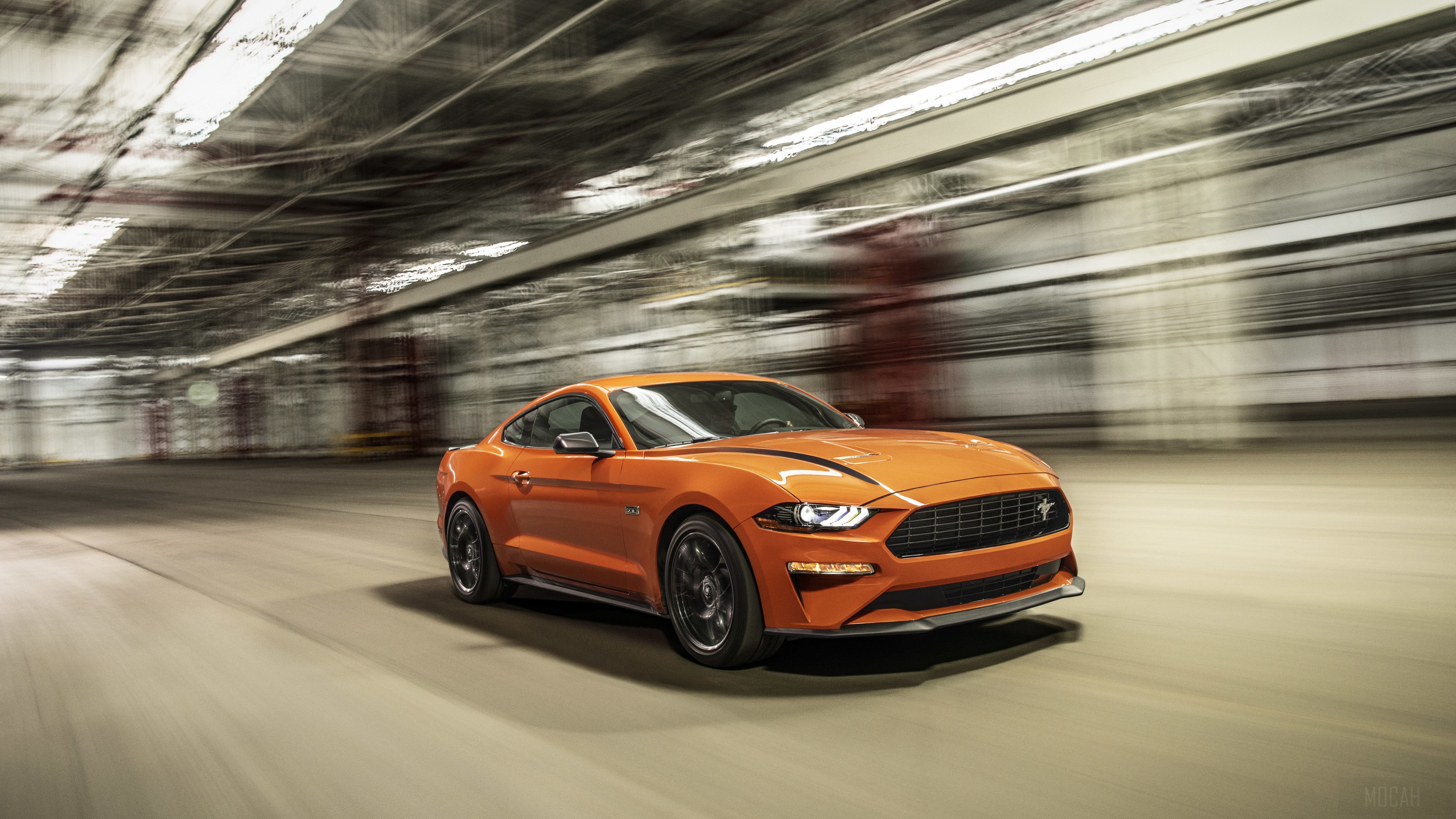 Orange 2020 Ford Mustang EcoBoost in a tunnel HD Wallpaper
