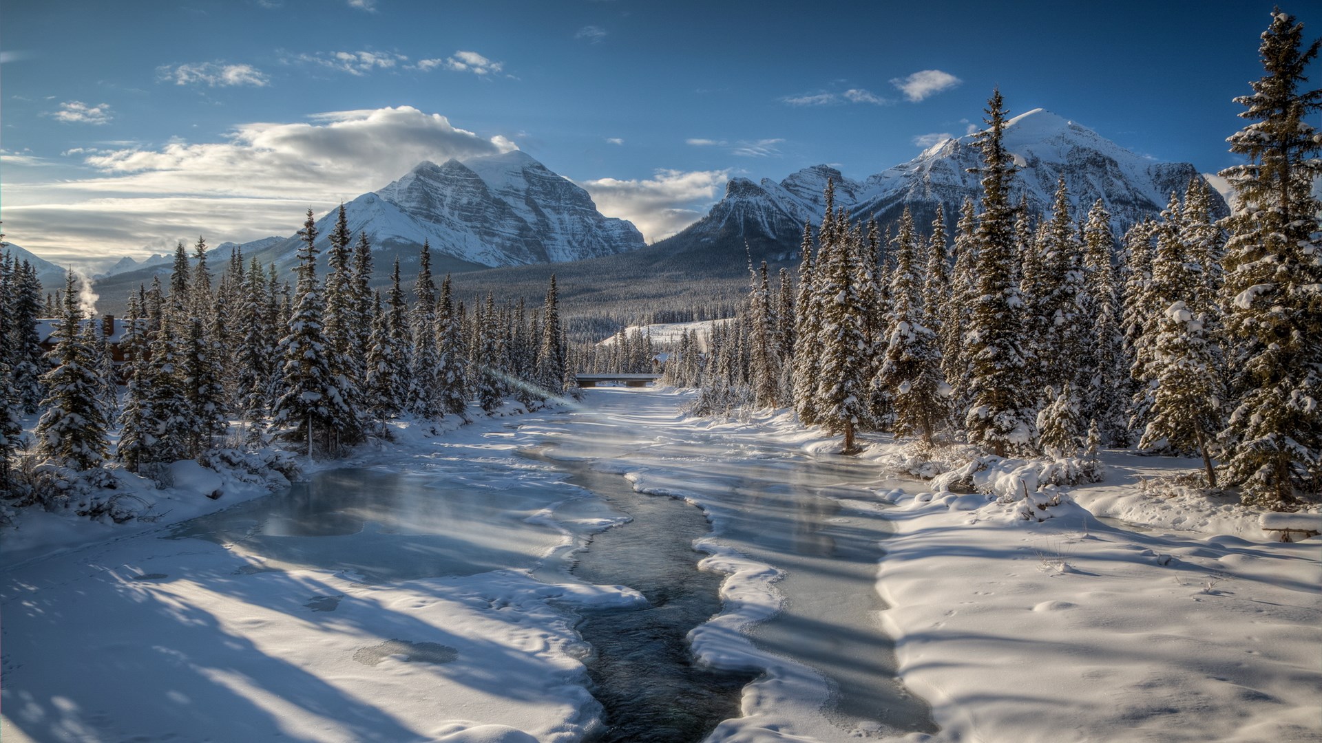 Snowy River and Mountains with Pine Trees HD Wallpaper