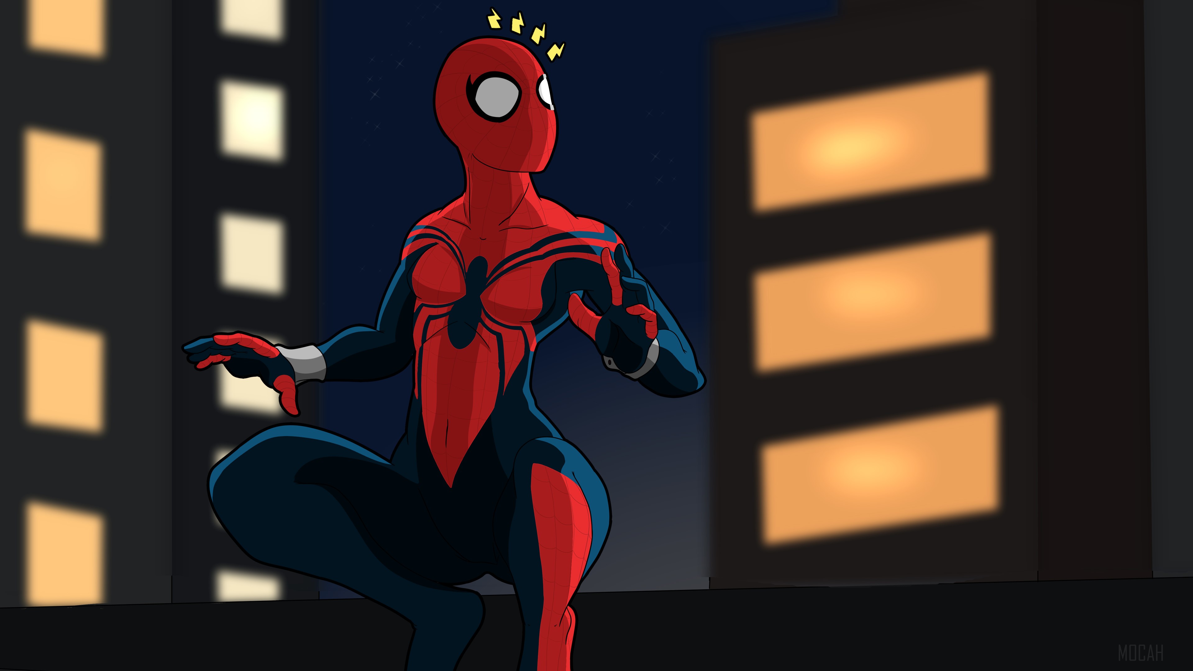 Spider-Girl on a rooftop at night HD Wallpaper