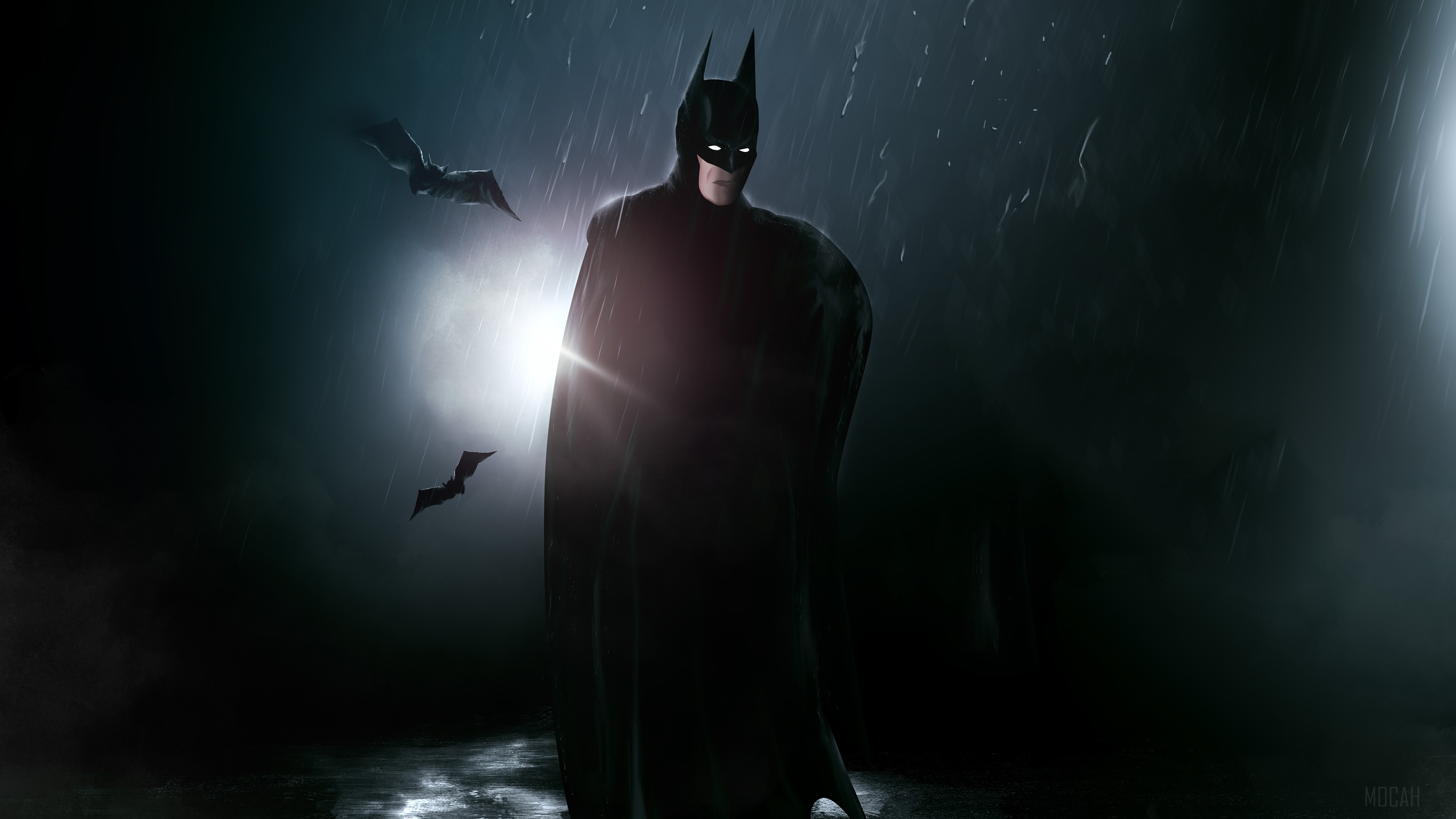 Batman in the rain with bats 4K HD Wallpaper