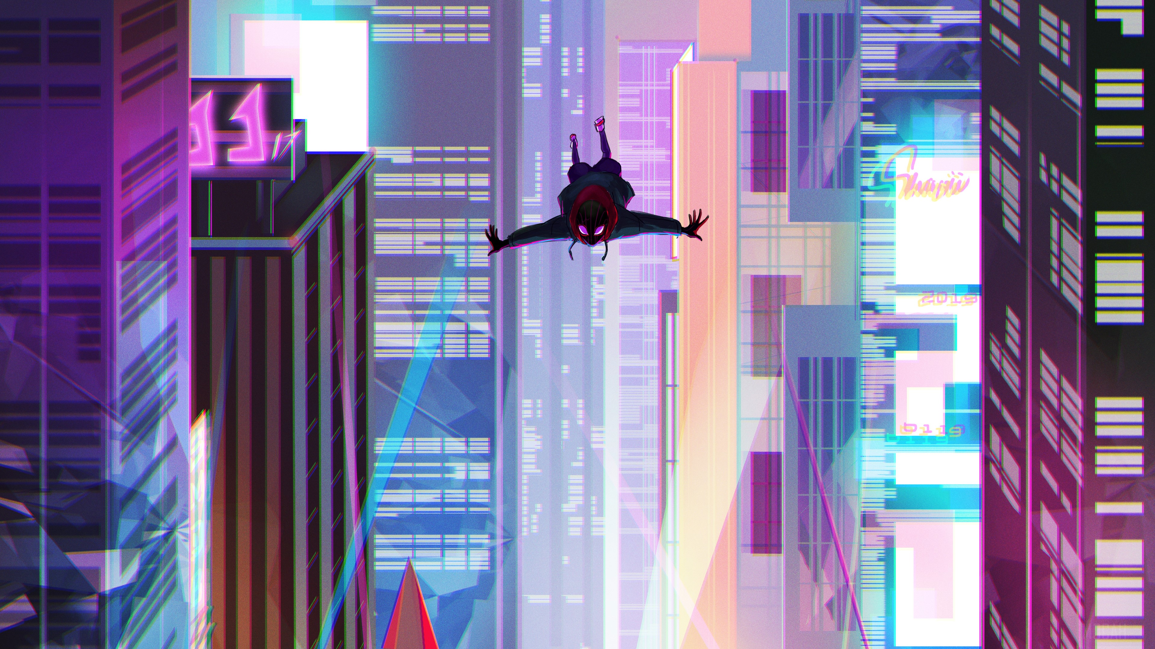 Miles Morales falling through a futuristic city 4K HD Wallpaper