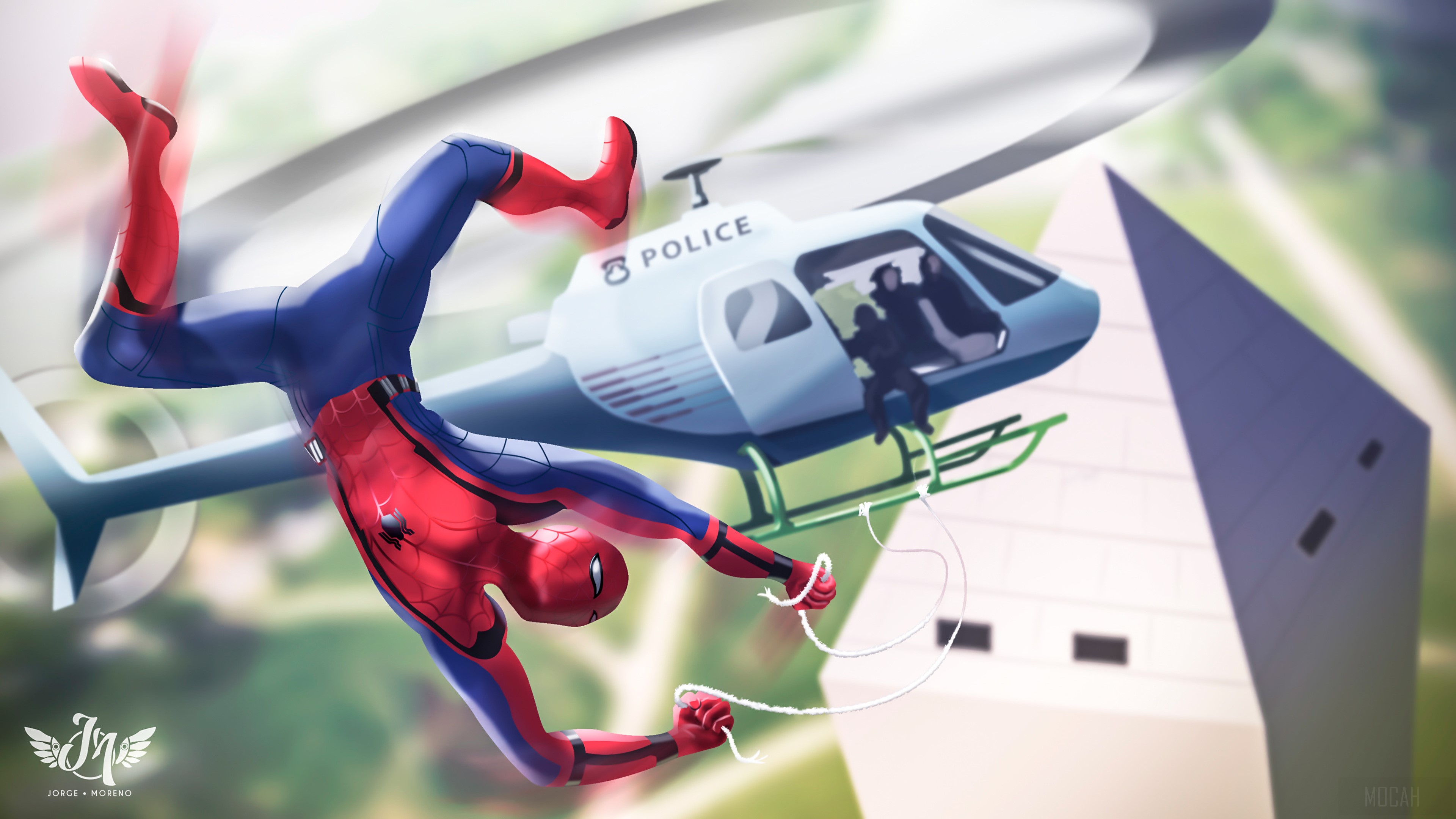 Spider-Man from Spider-Man: Homecoming in front of a police helicopter HD Wallpaper