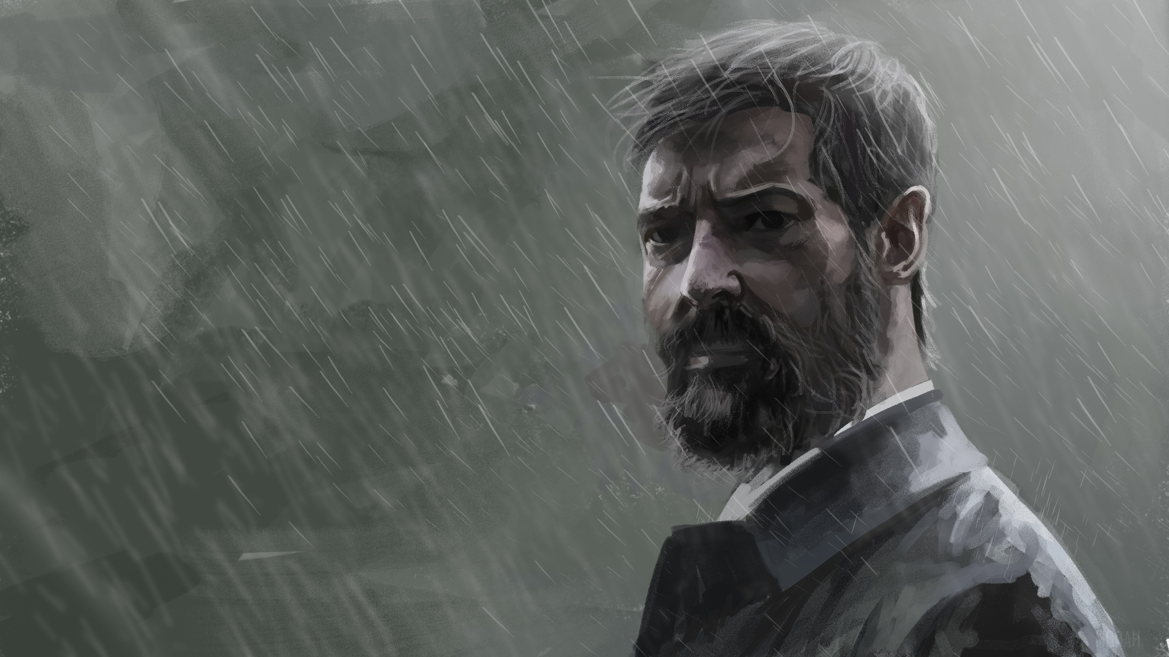 Logan from X-Men in the rain painting 4K HD Wallpaper
