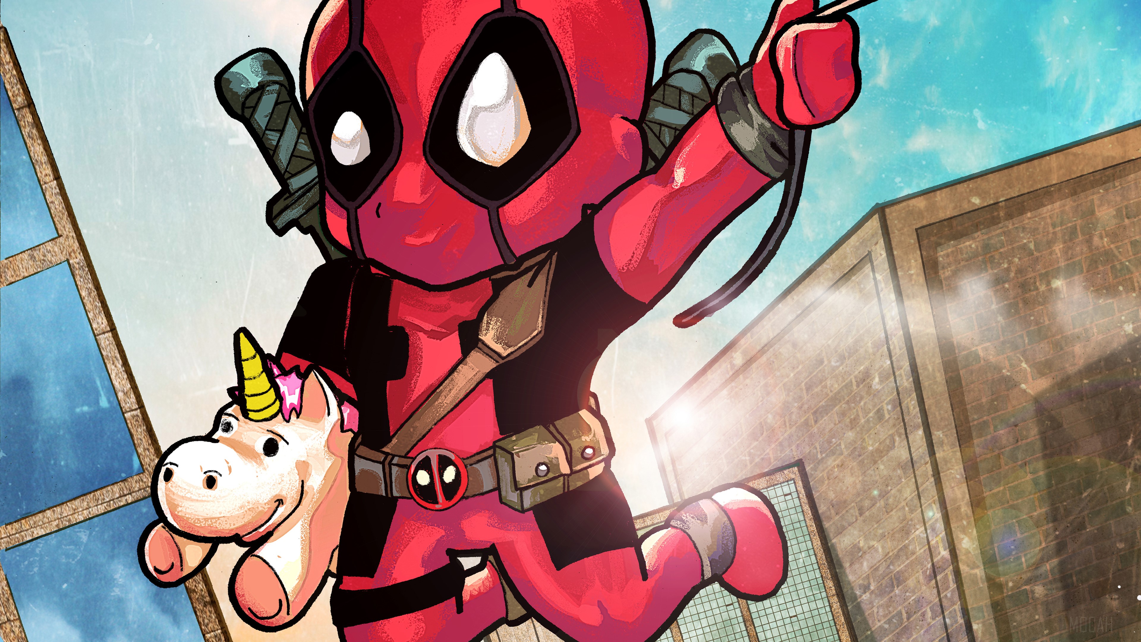 Chibi Deadpool with Unicorn 4K HD Wallpaper