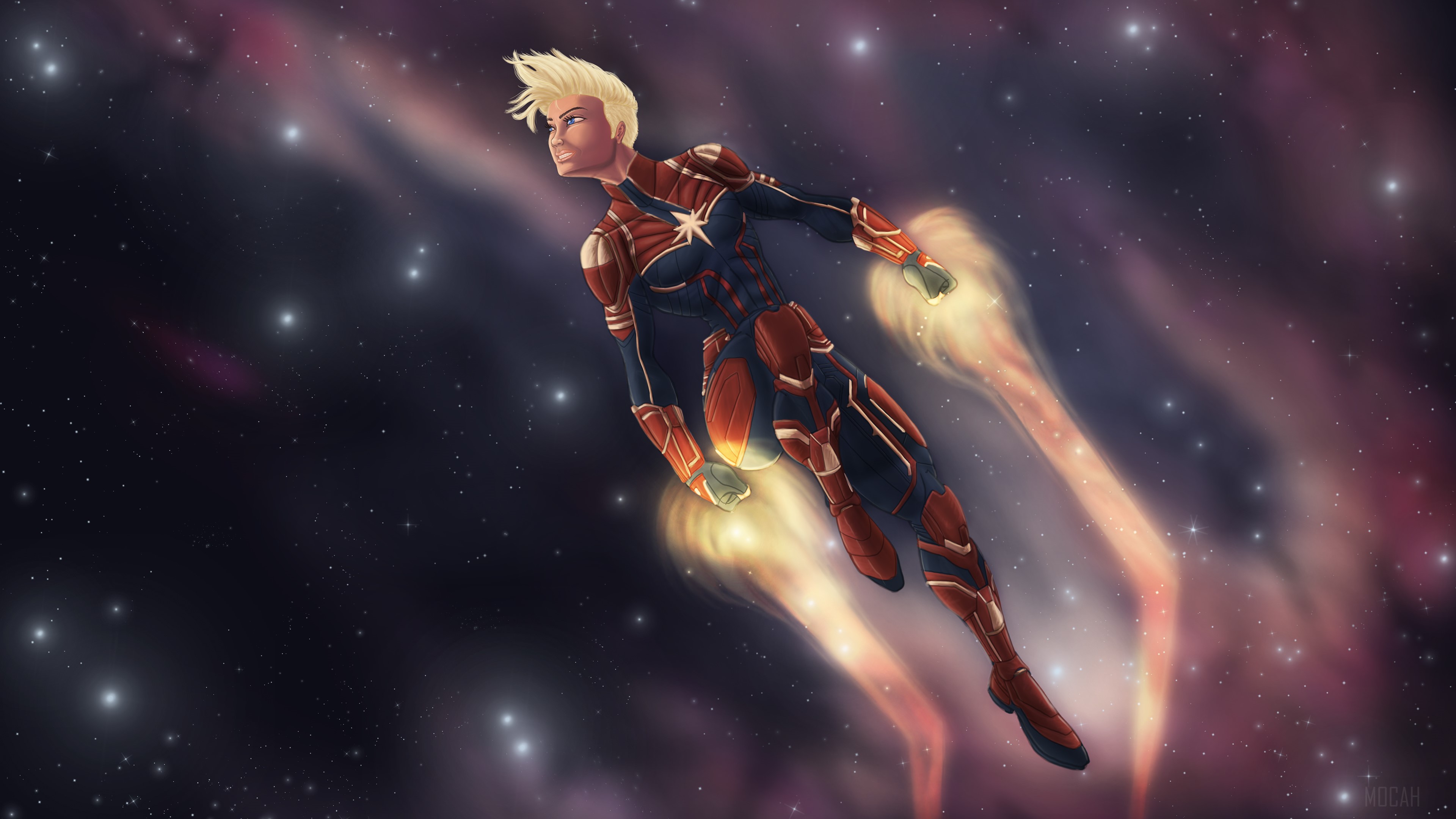 Captain Marvel flying through space HD Wallpaper