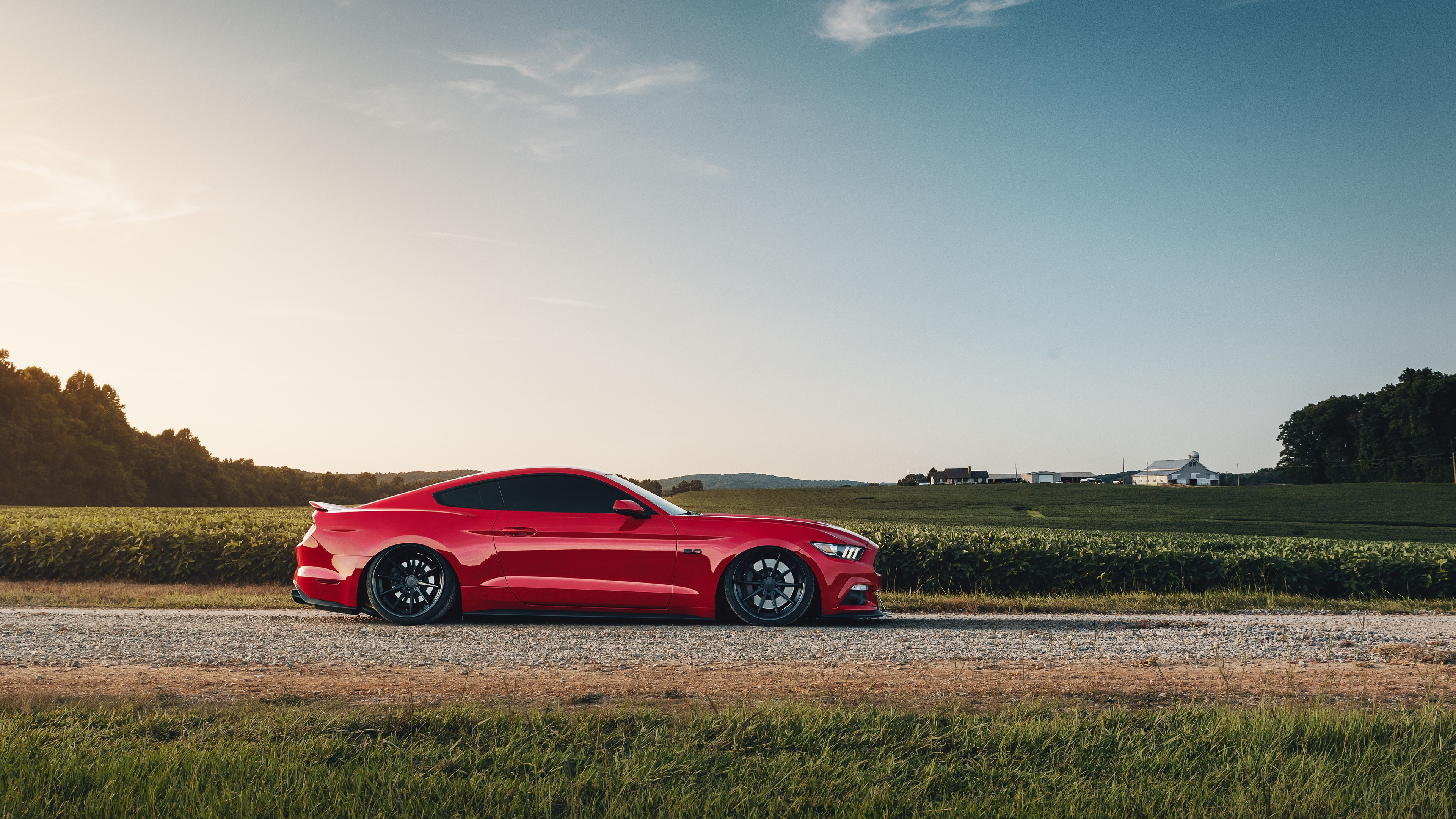 Red Ford Mustang GT on a gravel road HD Wallpaper