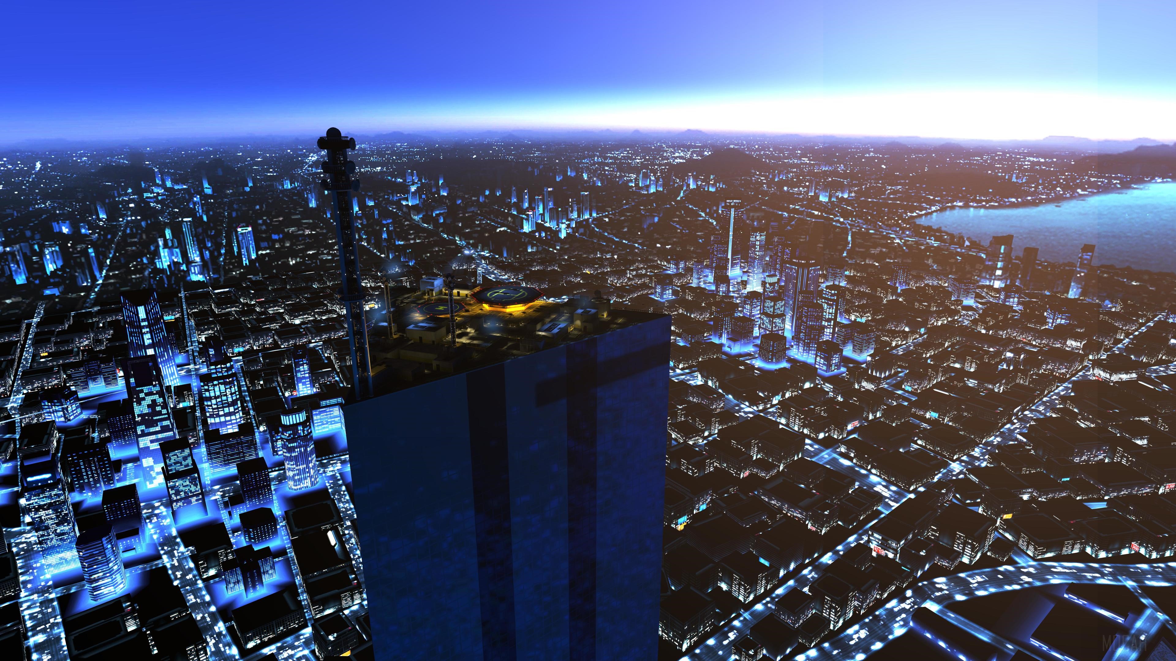 Futuristic Cityscape at Night with Tall Buildings HD Wallpaper