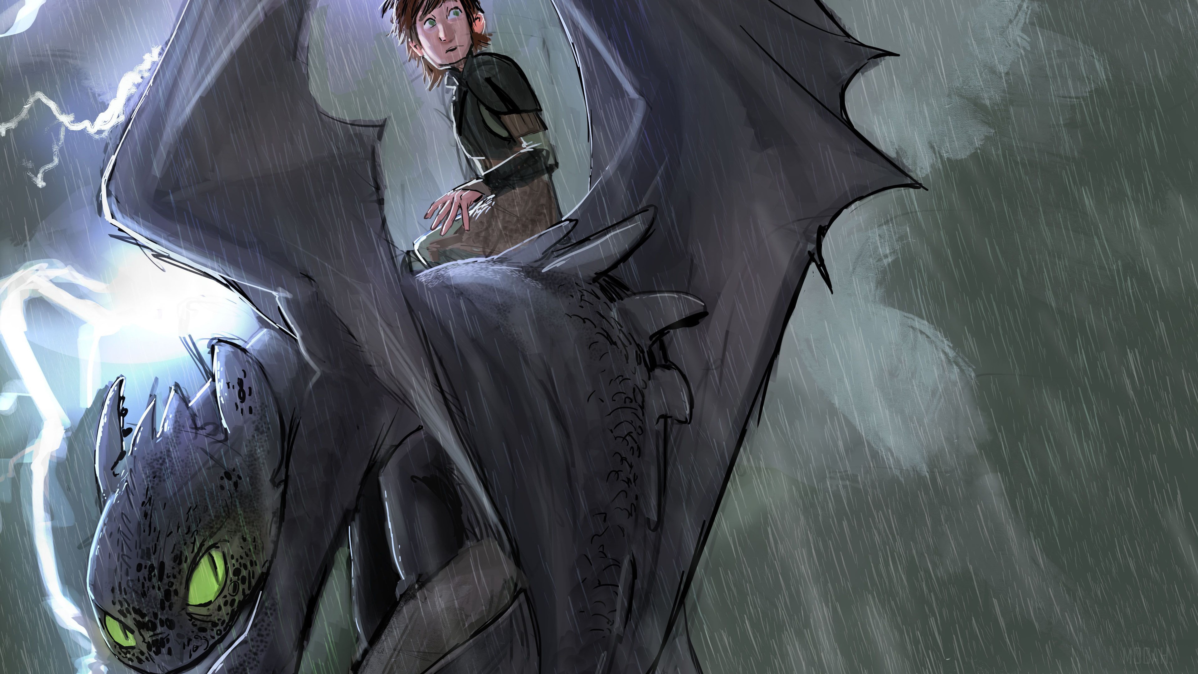 Hiccup and Toothless from How to Train Your Dragon sketch art 4K HD Wallpaper