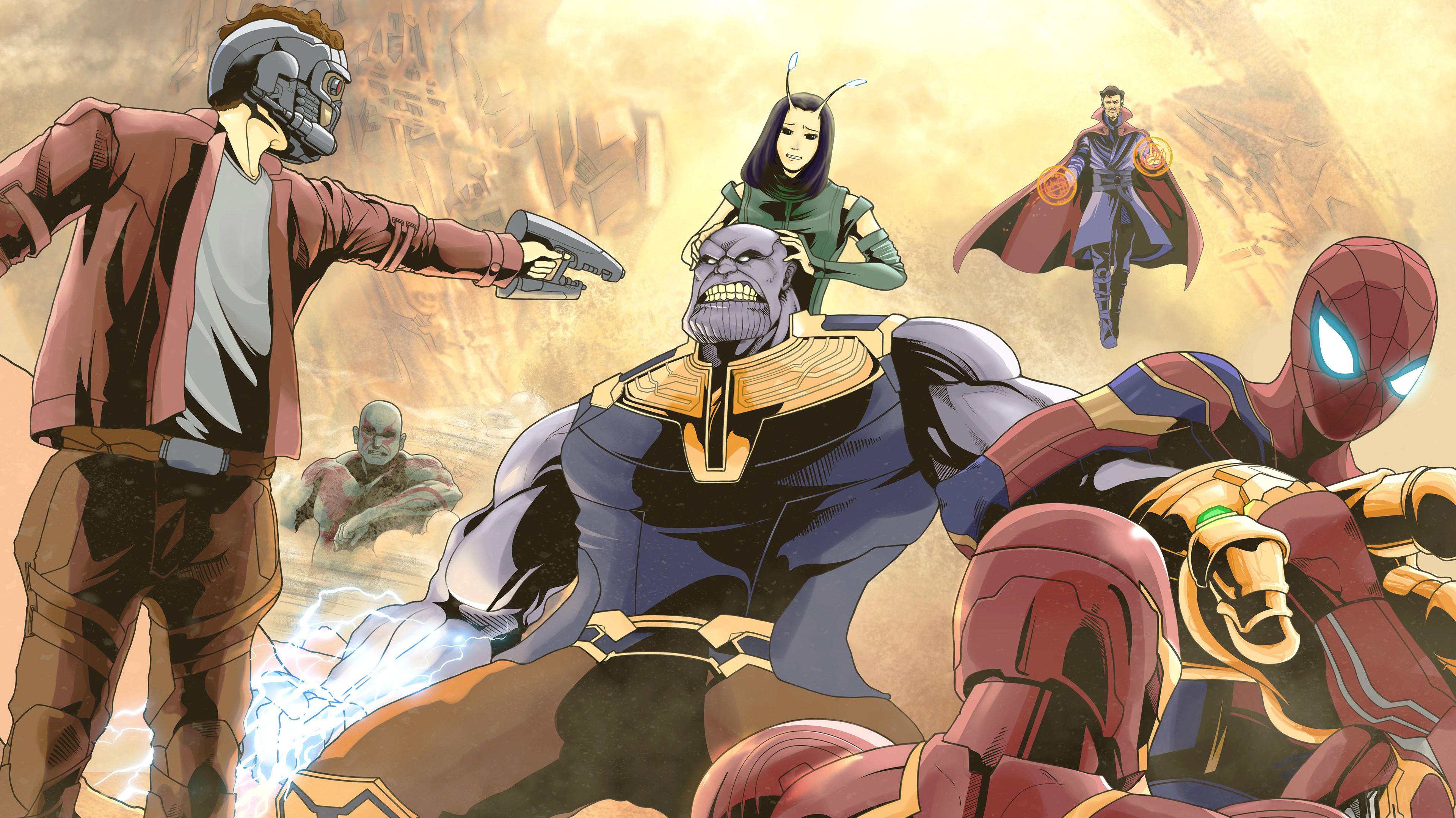 Avengers Infinity War Thanos vs Iron Man, Spider-Man, Star-Lord, Mantis, Doctor Strange, Drax HD Wallpaper