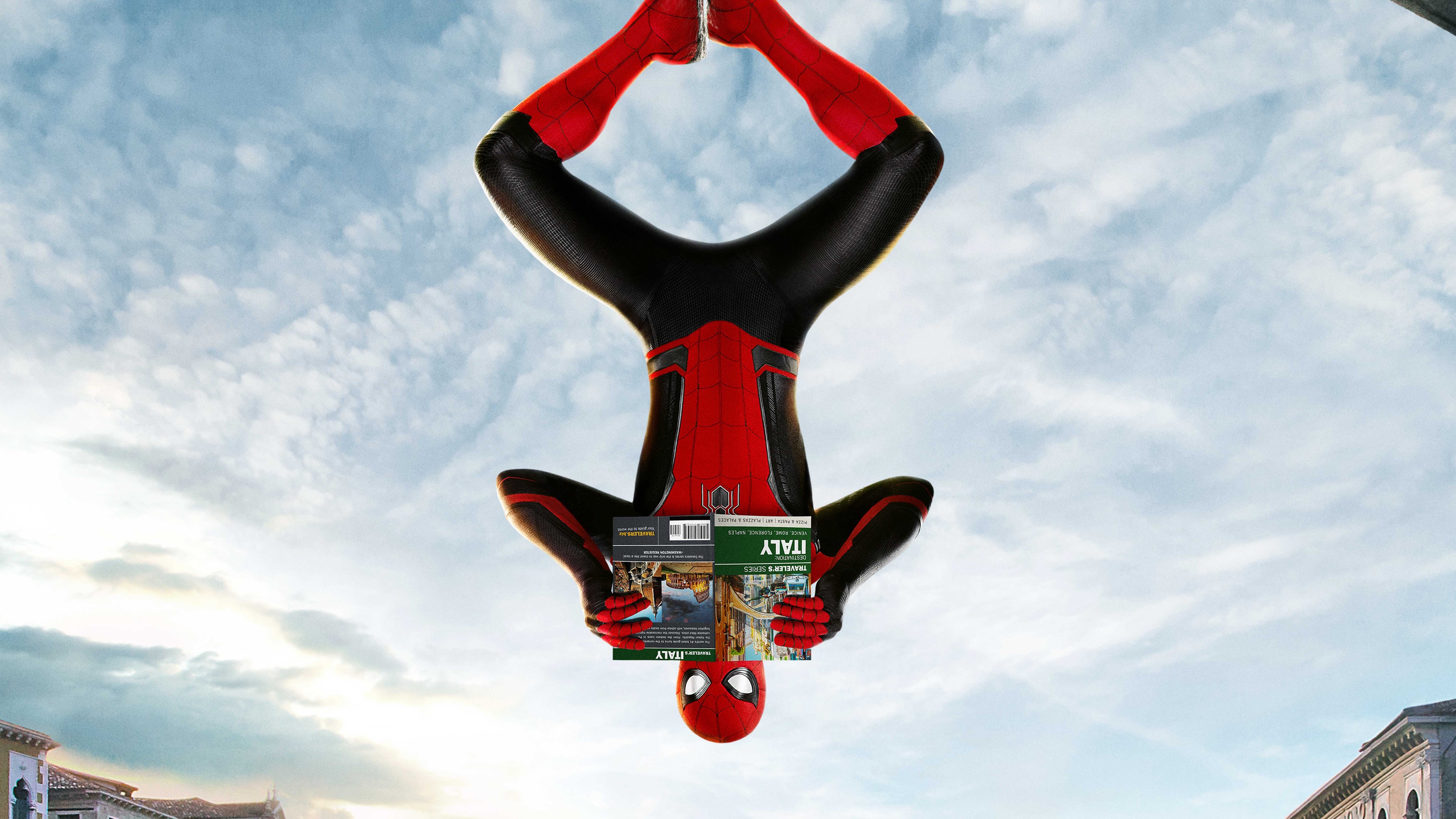 Spider-Man from Spider-Man: Far From Home holding travel guides HD Wallpaper