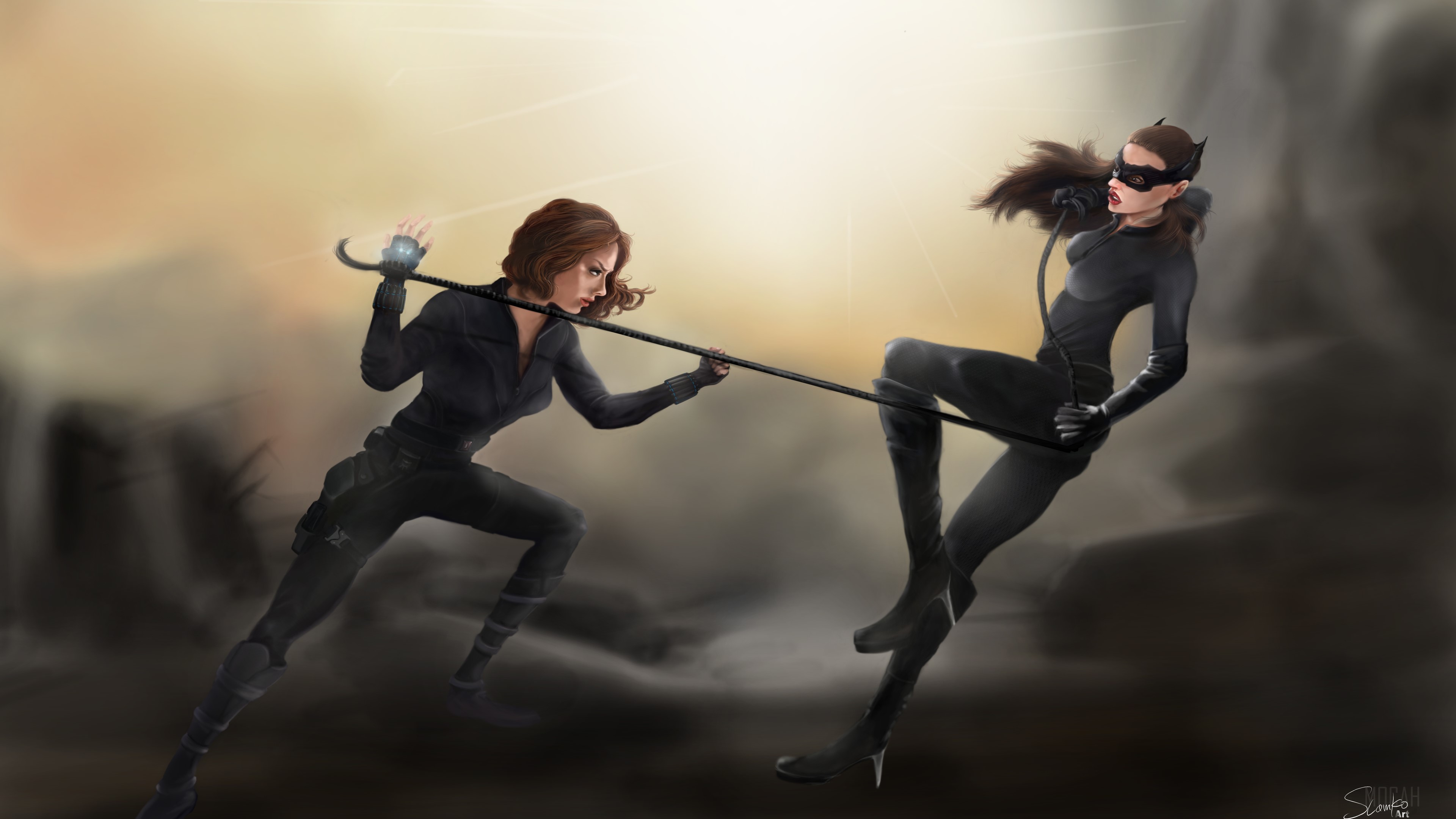 Black Widow and Catwoman in a Tug-of-War HD Wallpaper