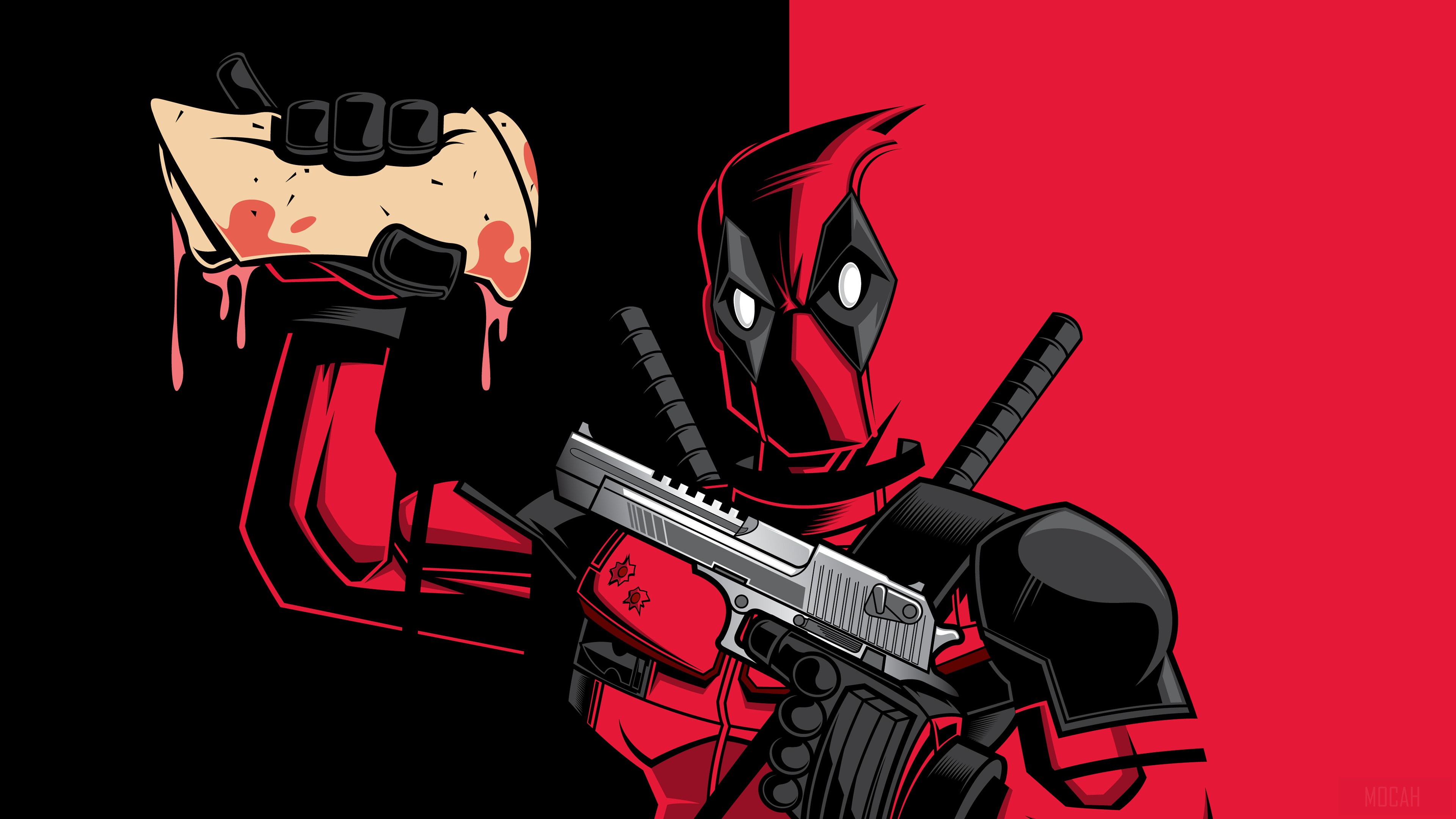 Deadpool holding a gun and a bloody taco 4K HD Wallpaper