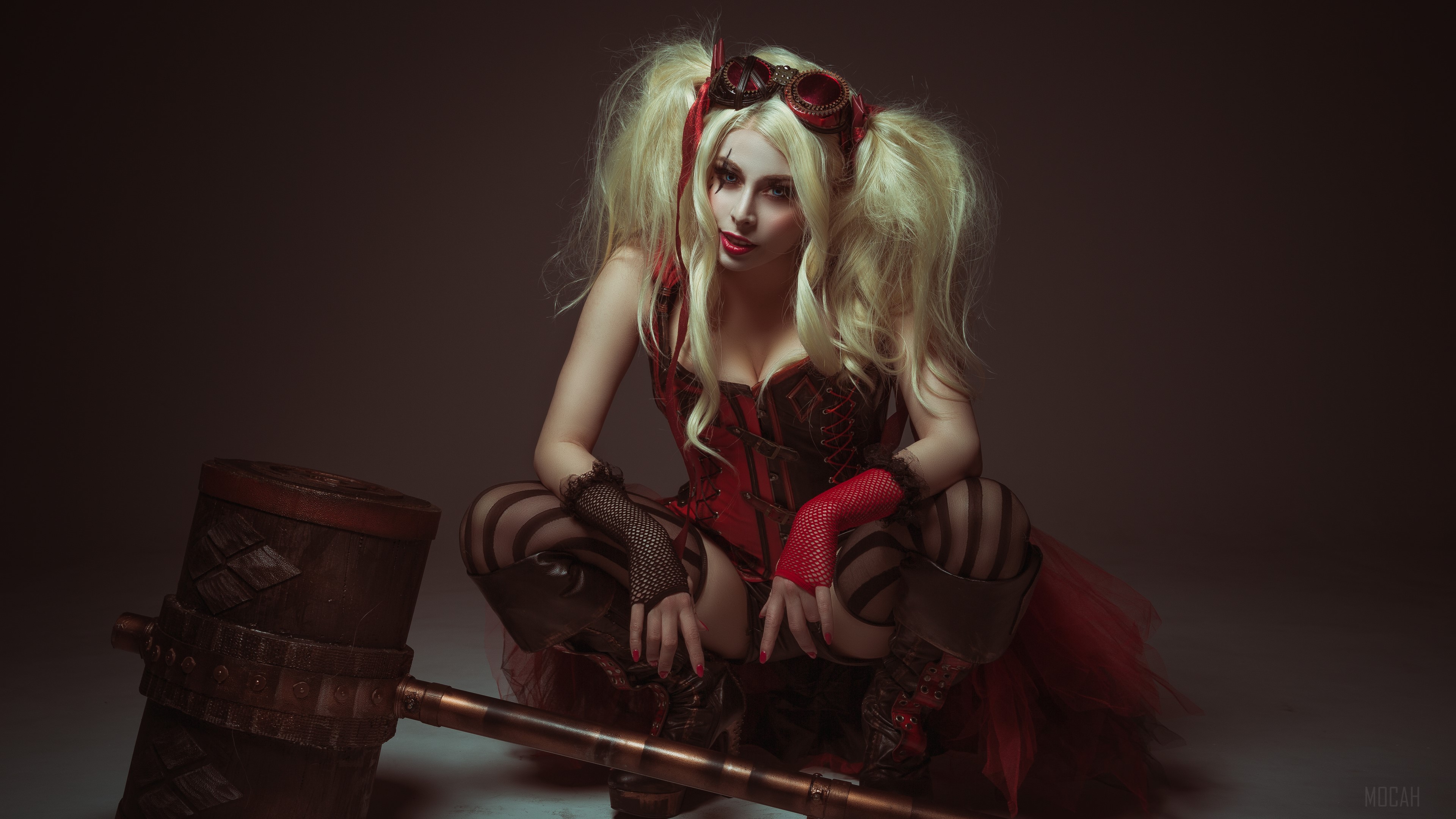 Harley Quinn Cosplay with Giant Hammer 4K HD Wallpaper