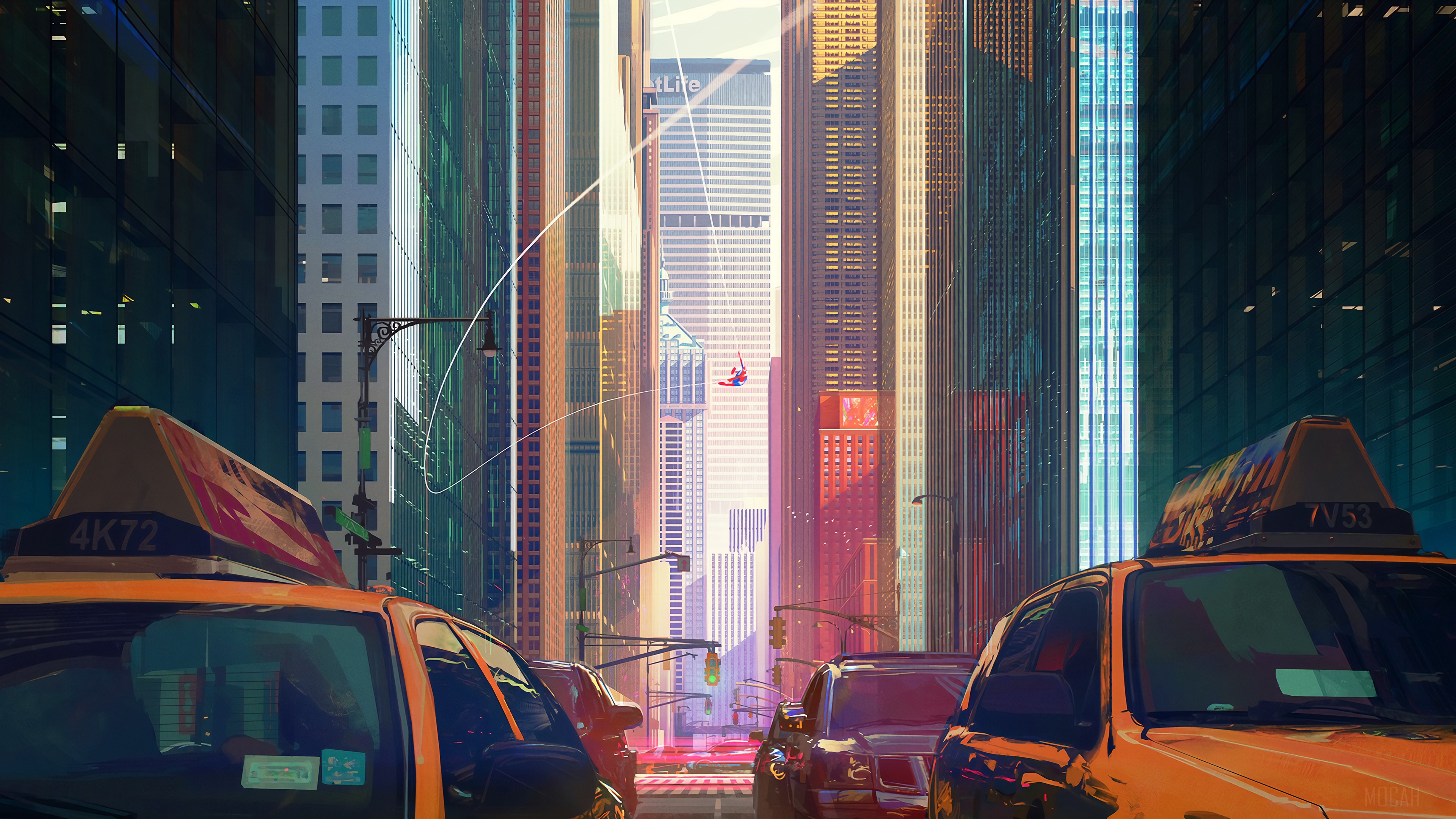 Spider-Man swinging through a New York City street with taxis HD Wallpaper