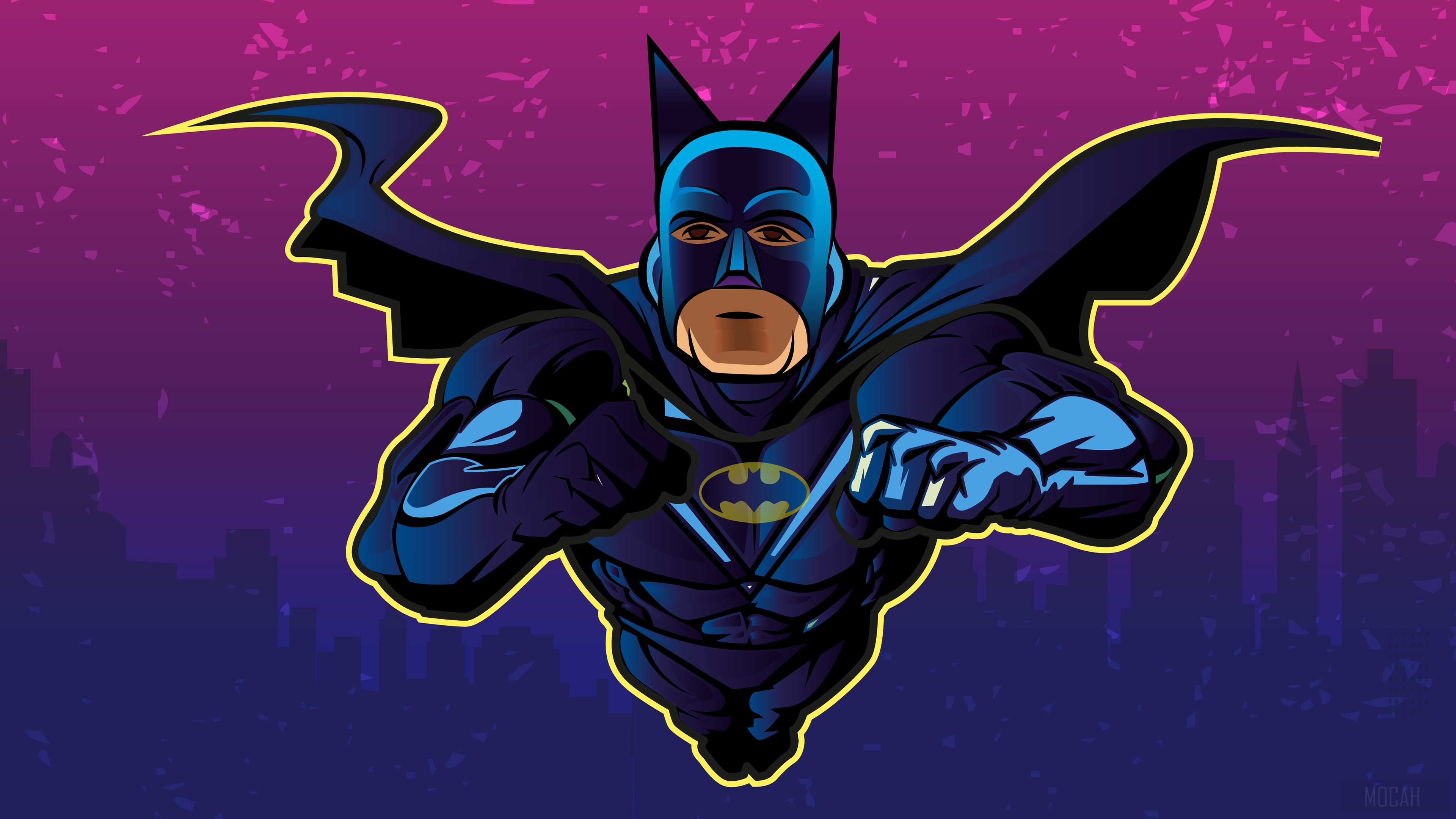 Batman flying over a city at night HD Wallpaper