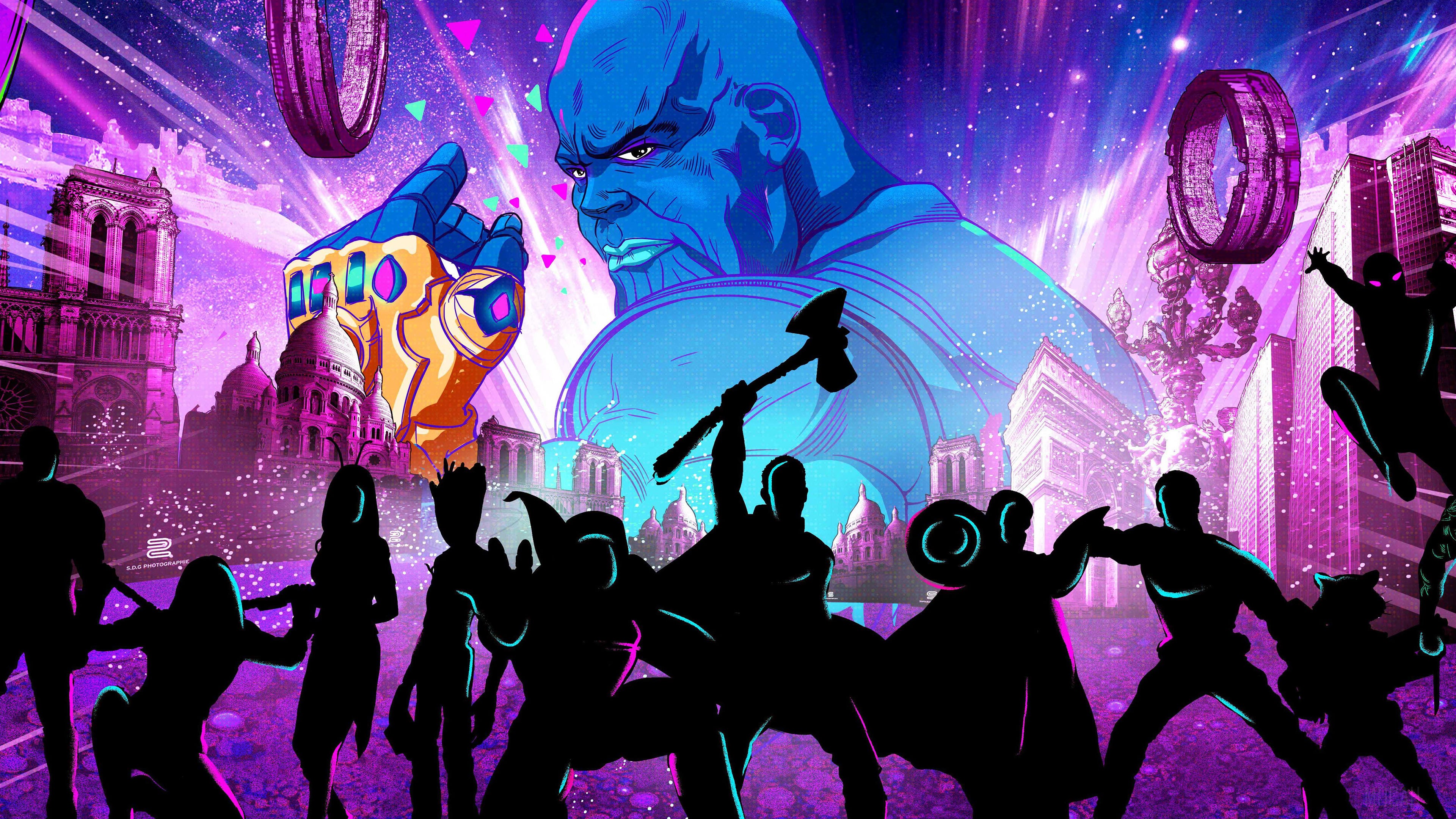 Thanos with Infinity Gauntlet and Avengers from Endgame 4K HD Wallpaper