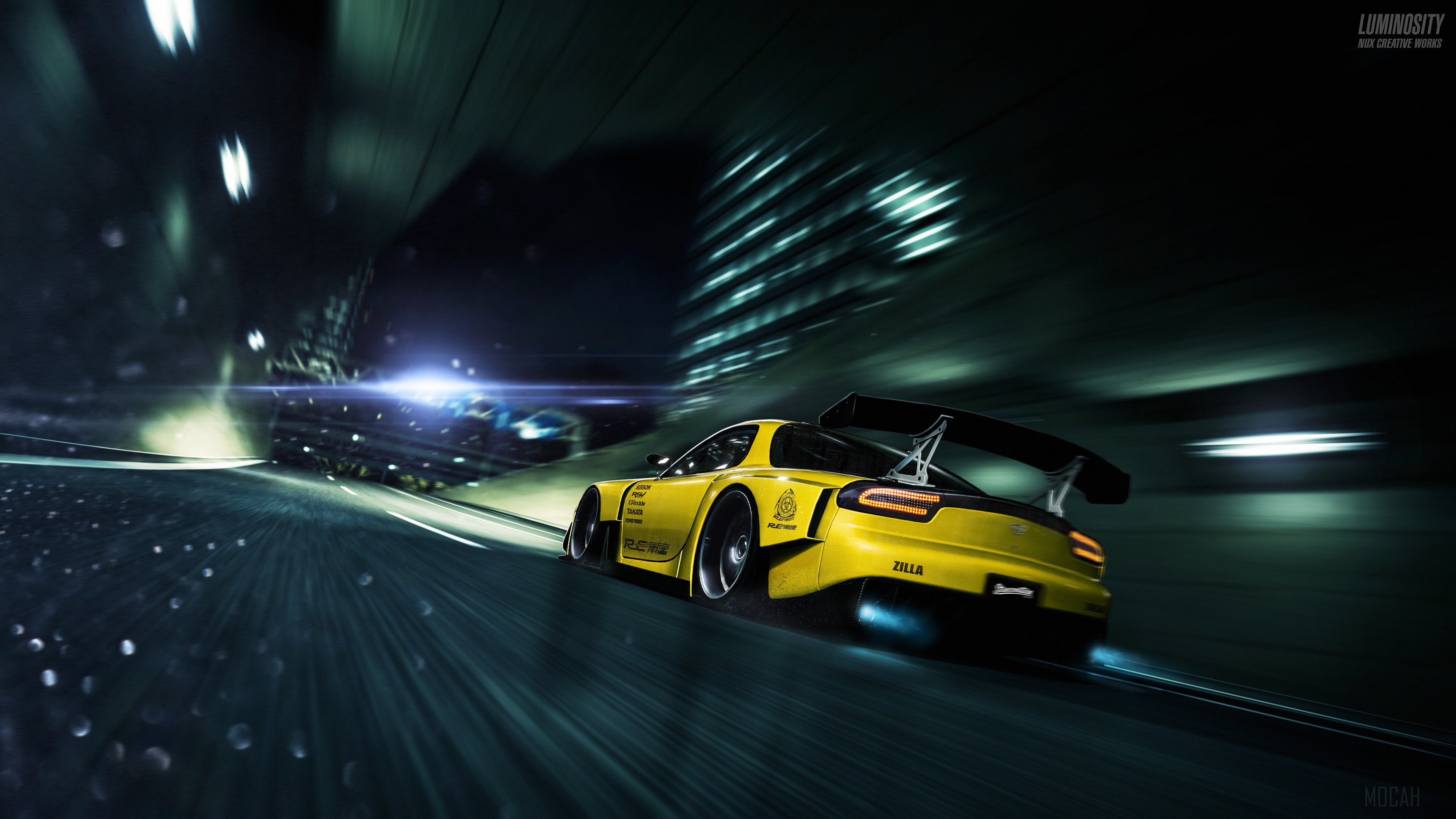 Yellow Mazda RX-7 racing in a tunnel 4K HD Wallpaper