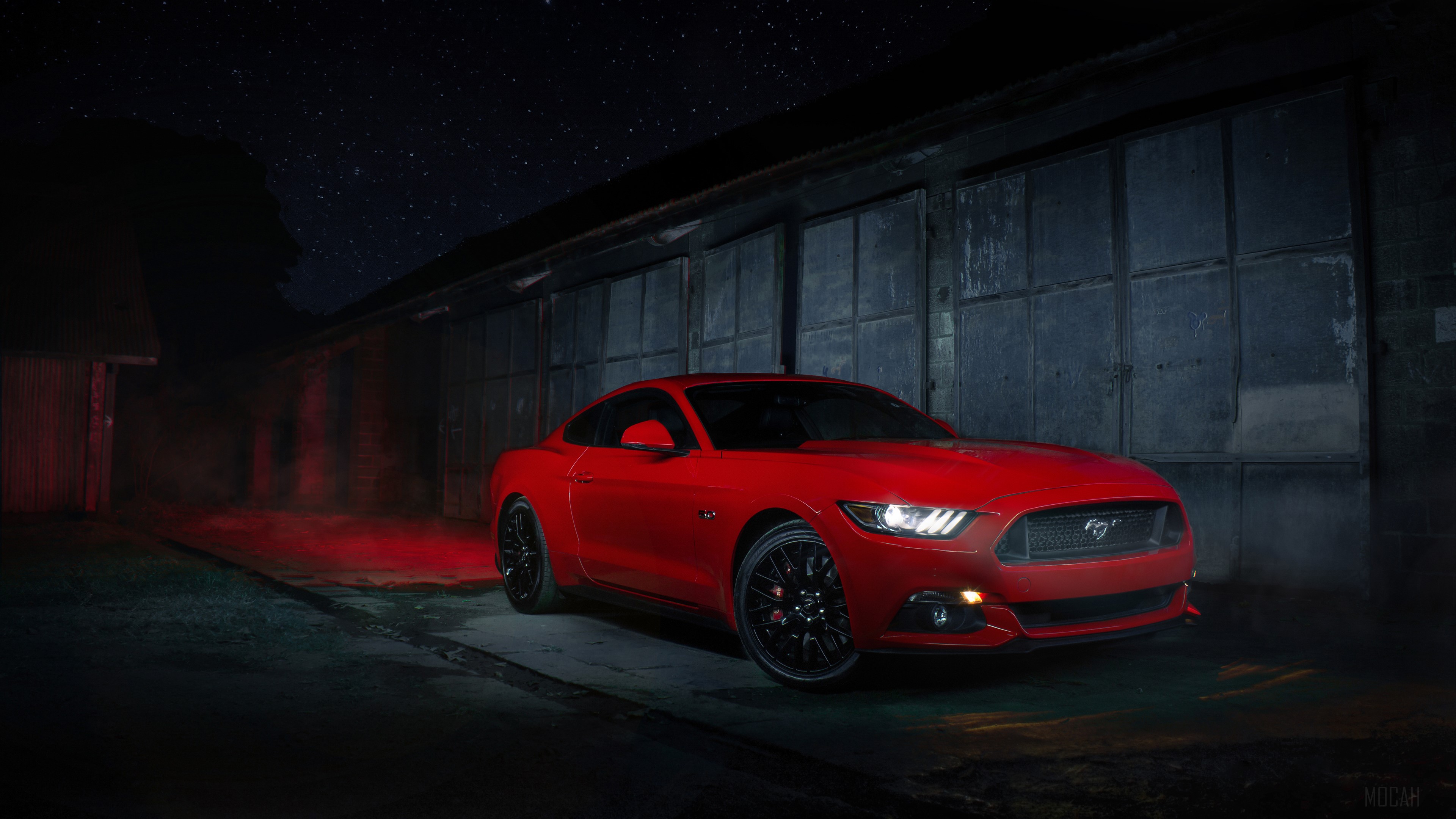 Red Ford Mustang parked at night HD Wallpaper