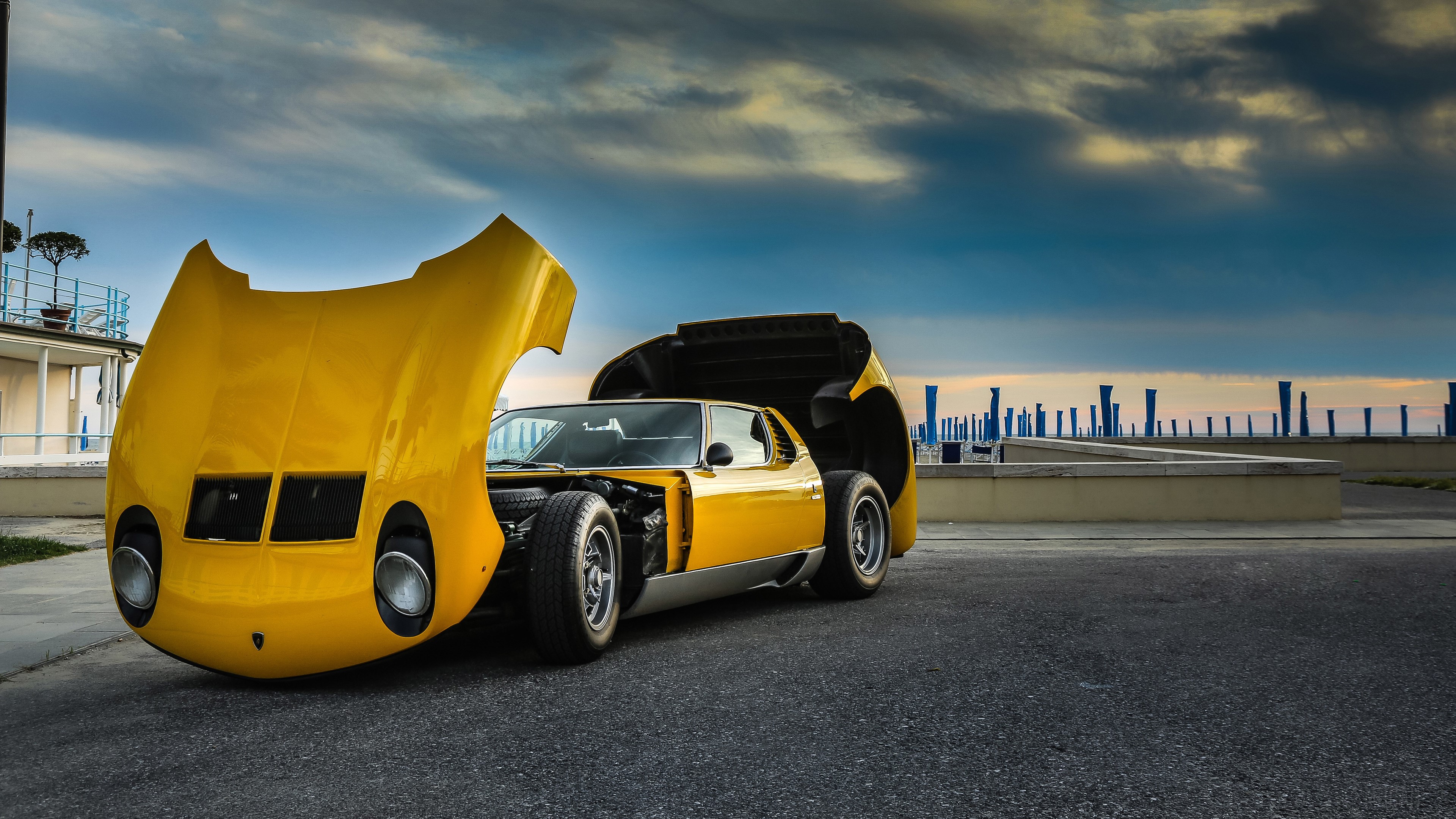 Yellow Lamborghini Miura with Hood Open HD Wallpaper