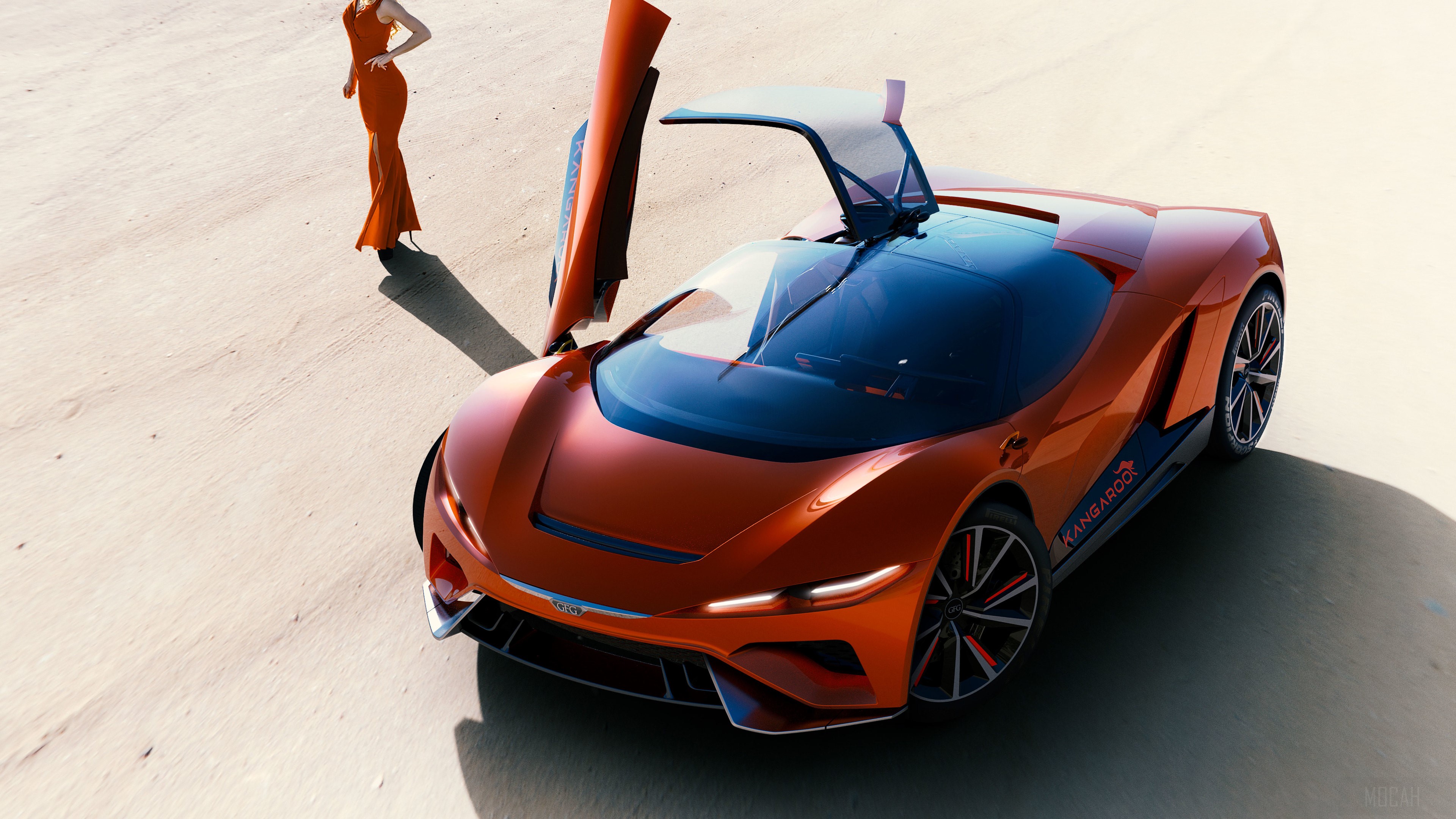 Woman in orange dress and orange sports car with butterfly doors HD Wallpaper