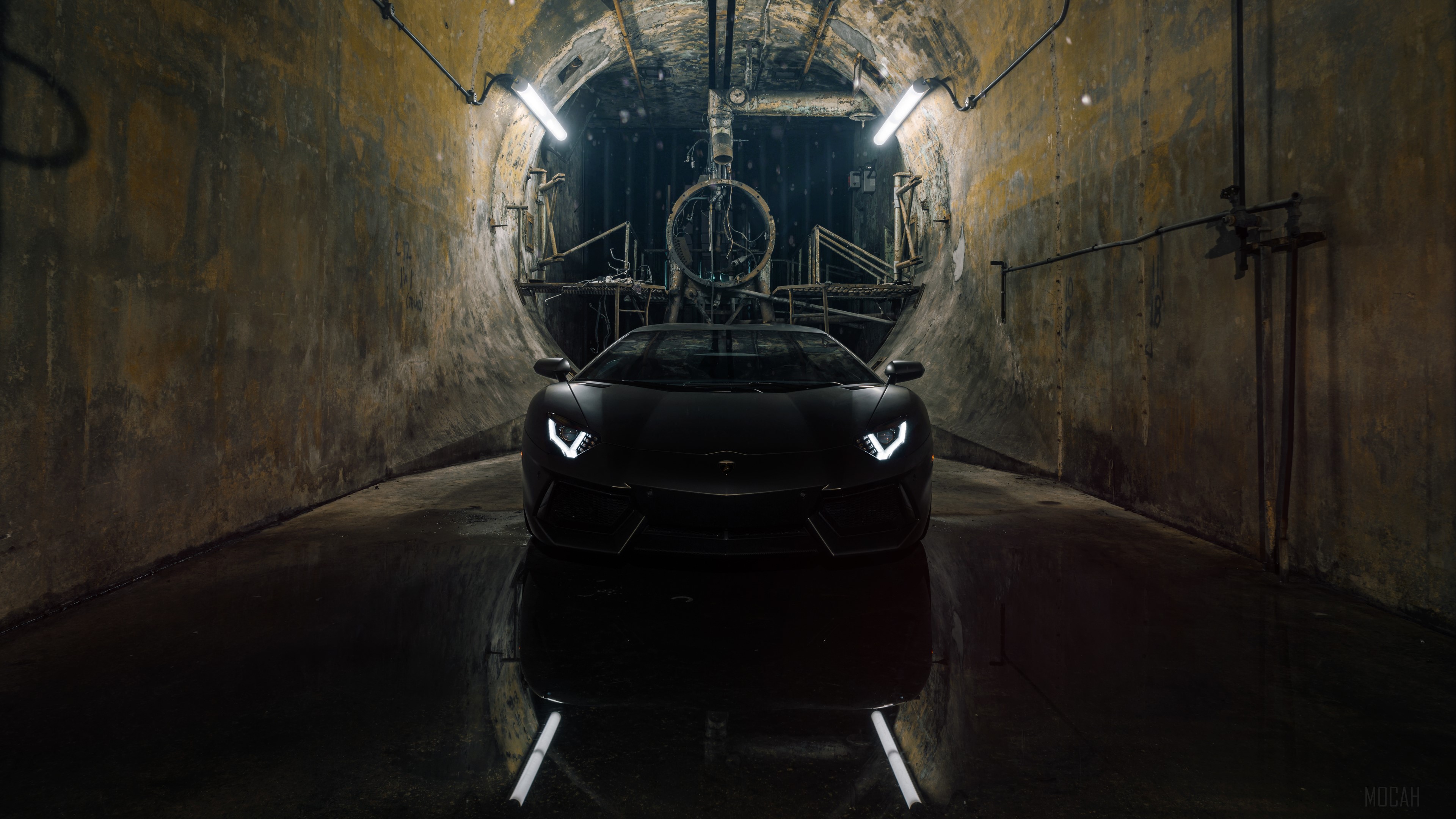 Black Lamborghini Aventador in tunnel 4K HD Wallpaper