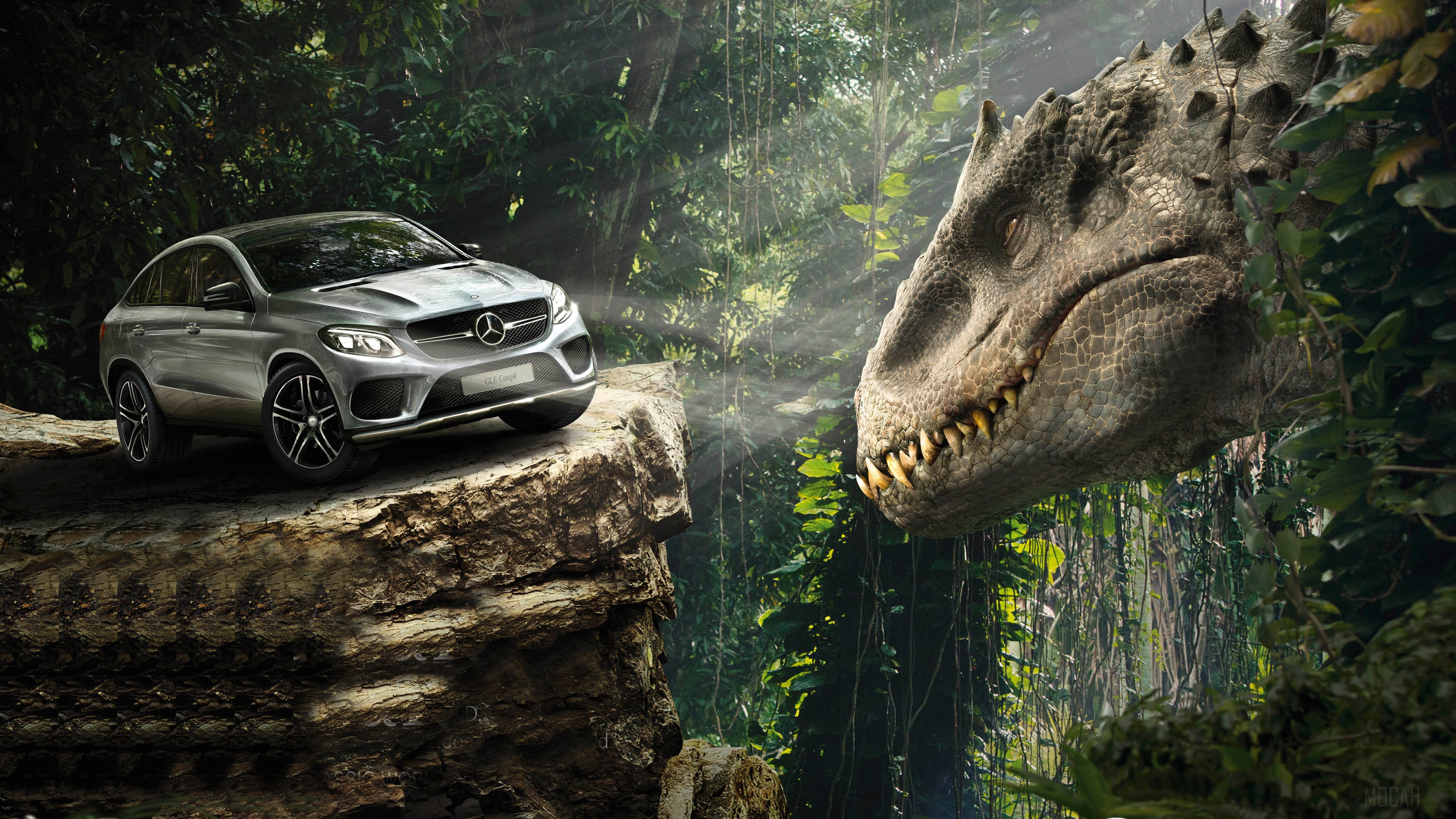 Mercedes-Benz GLE Coupe with Dinosaur in Jungle 4K HD Wallpaper