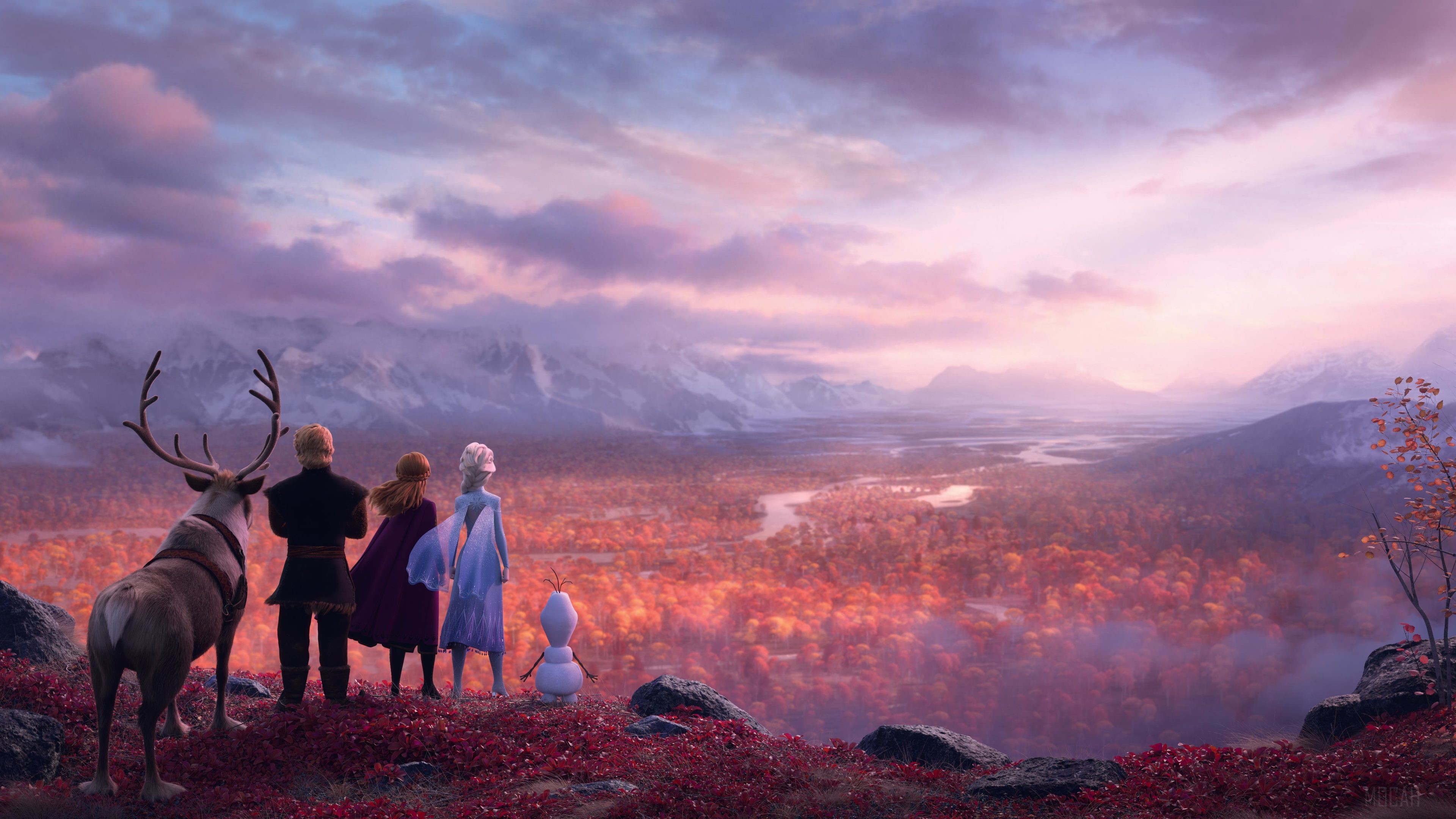Frozen 2 characters looking over a valley at sunset 4K HD Wallpaper
