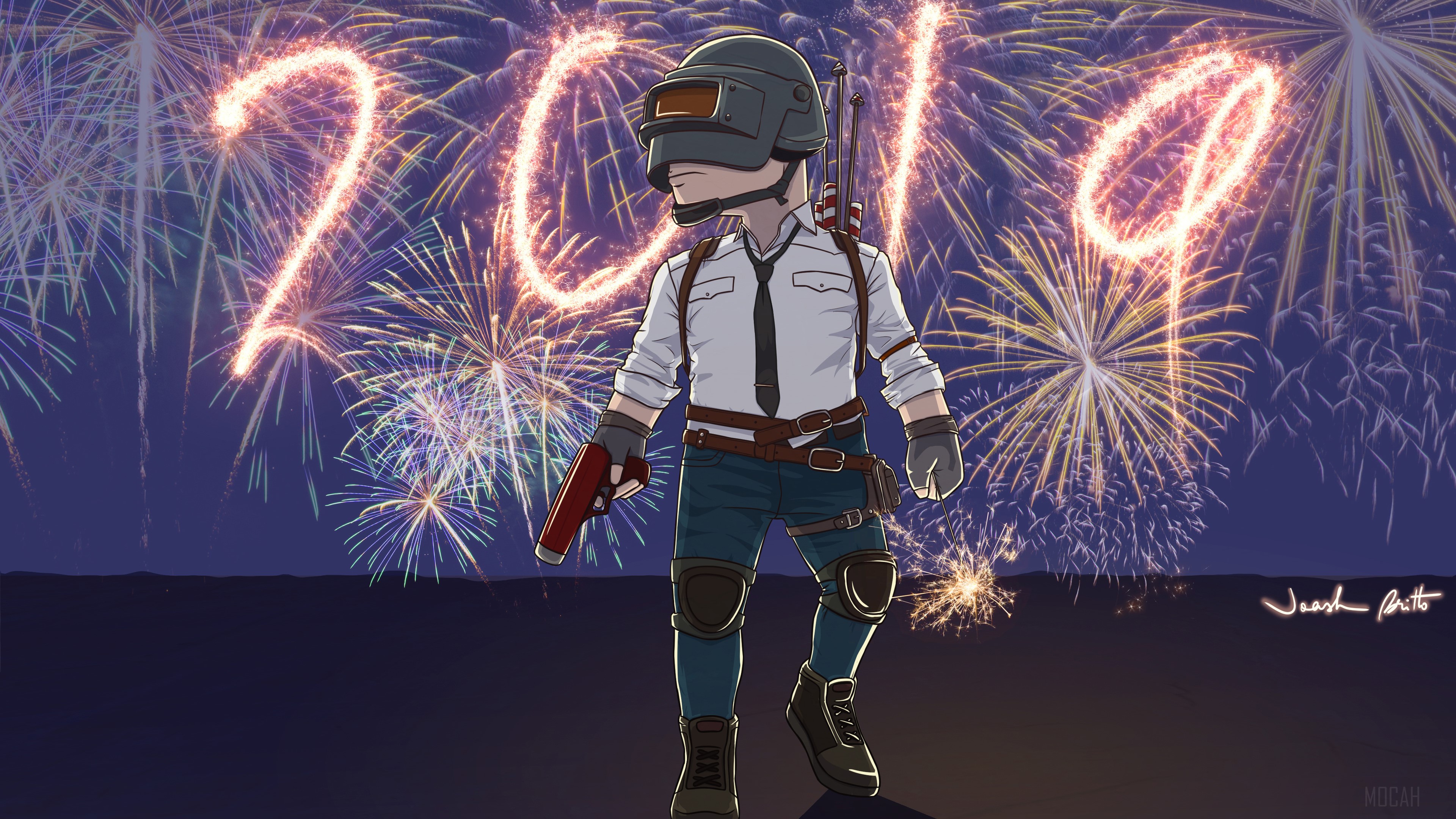 PUBG Character with 2019 Fireworks 4K HD Wallpaper