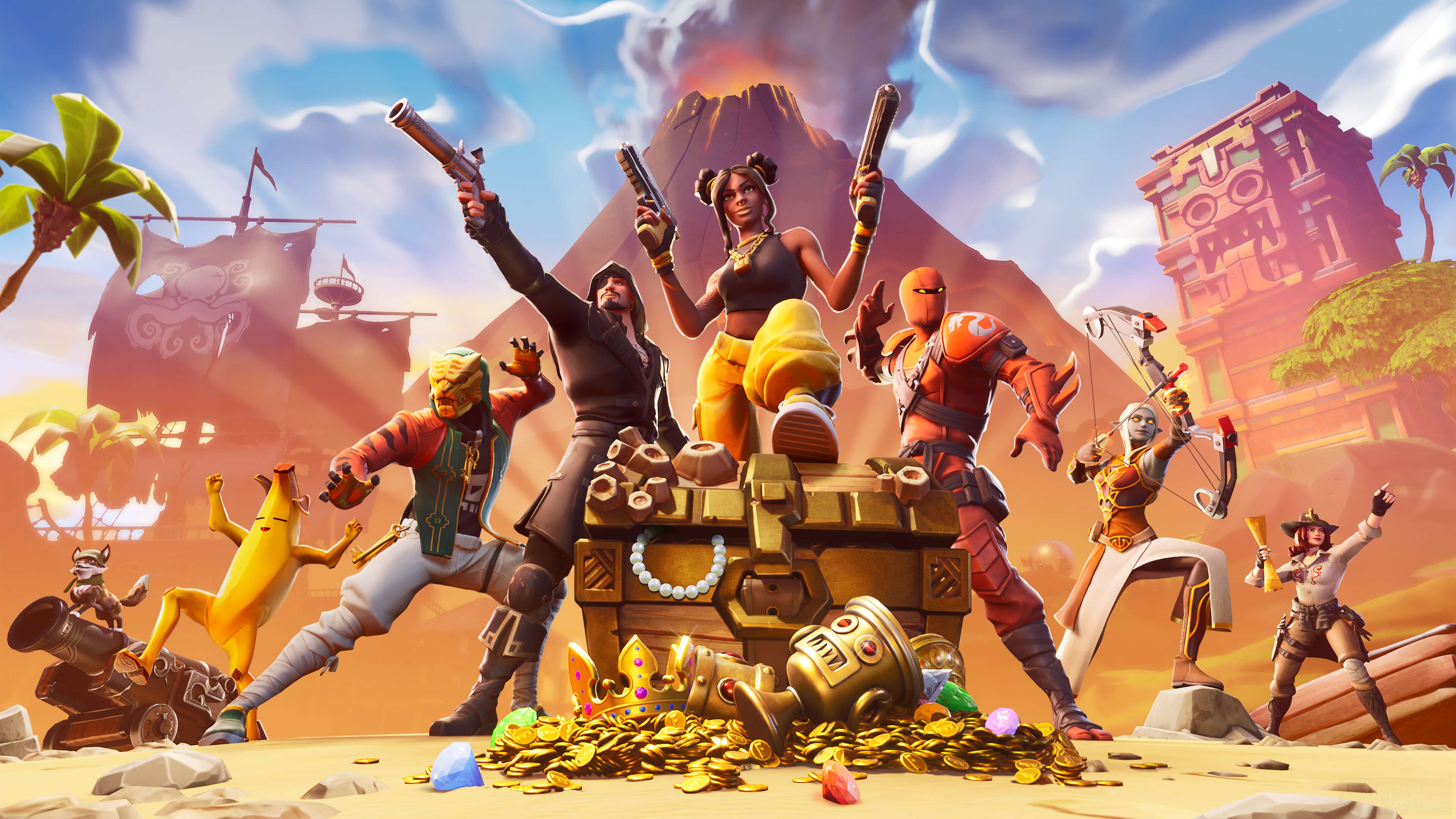 Fortnite characters with treasure chest and volcano 4K HD Wallpaper
